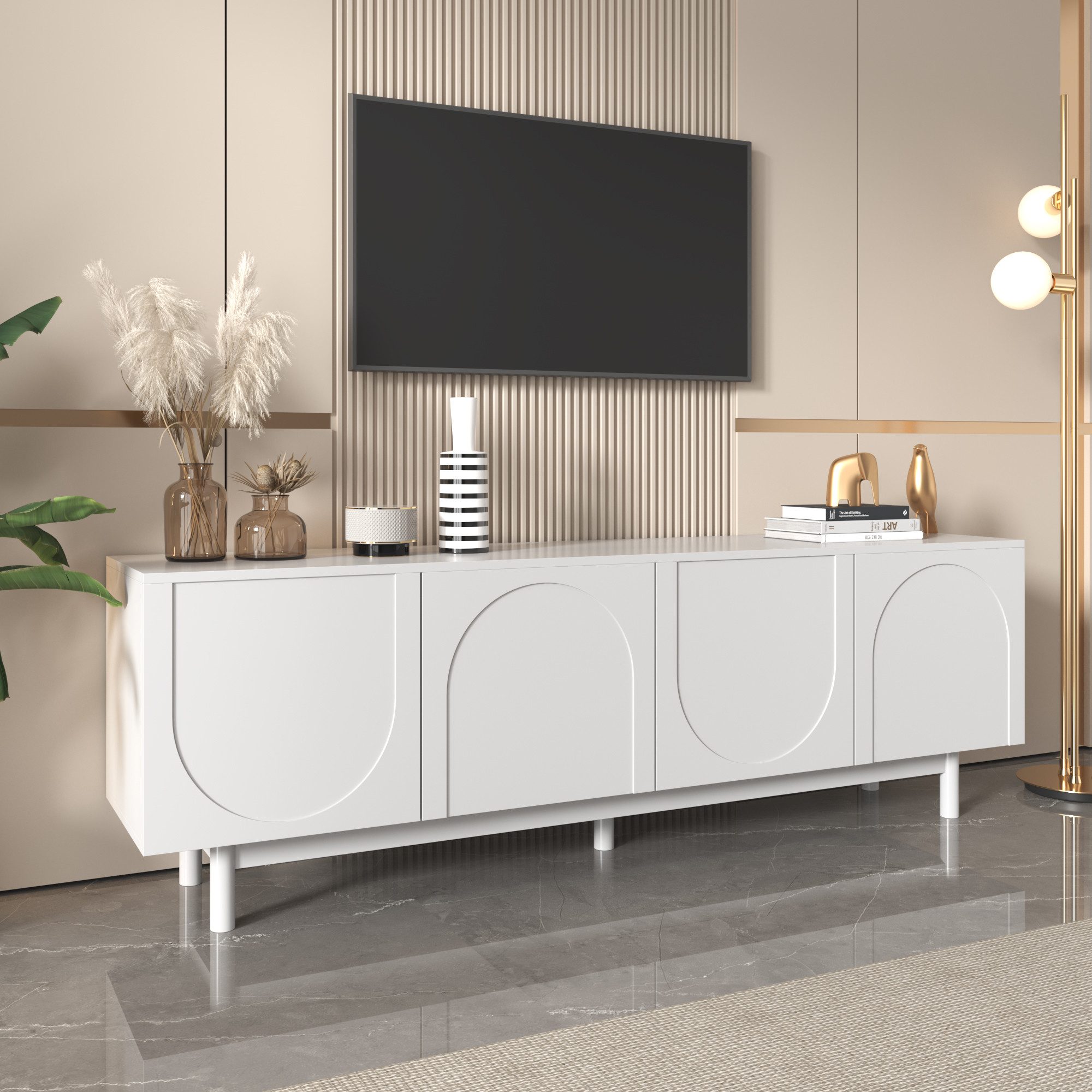 Merax Lowboard mit 4 Türen und verstellbaren Einlegeböden, TV-Schrank Scandi,TV-Board,Fernsehtisch,TV-Ständer