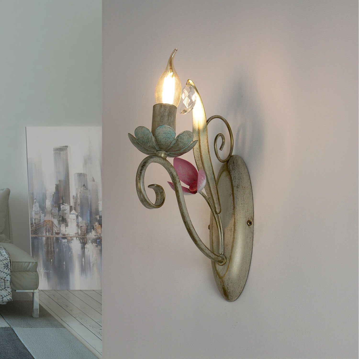 Licht-Erlebnisse Wandleuchte LUCE, ohne Leuchtmittel, Wandlampe Weiß Metall Glas floraler Stil Flur Wohnzimmer Esszimmer