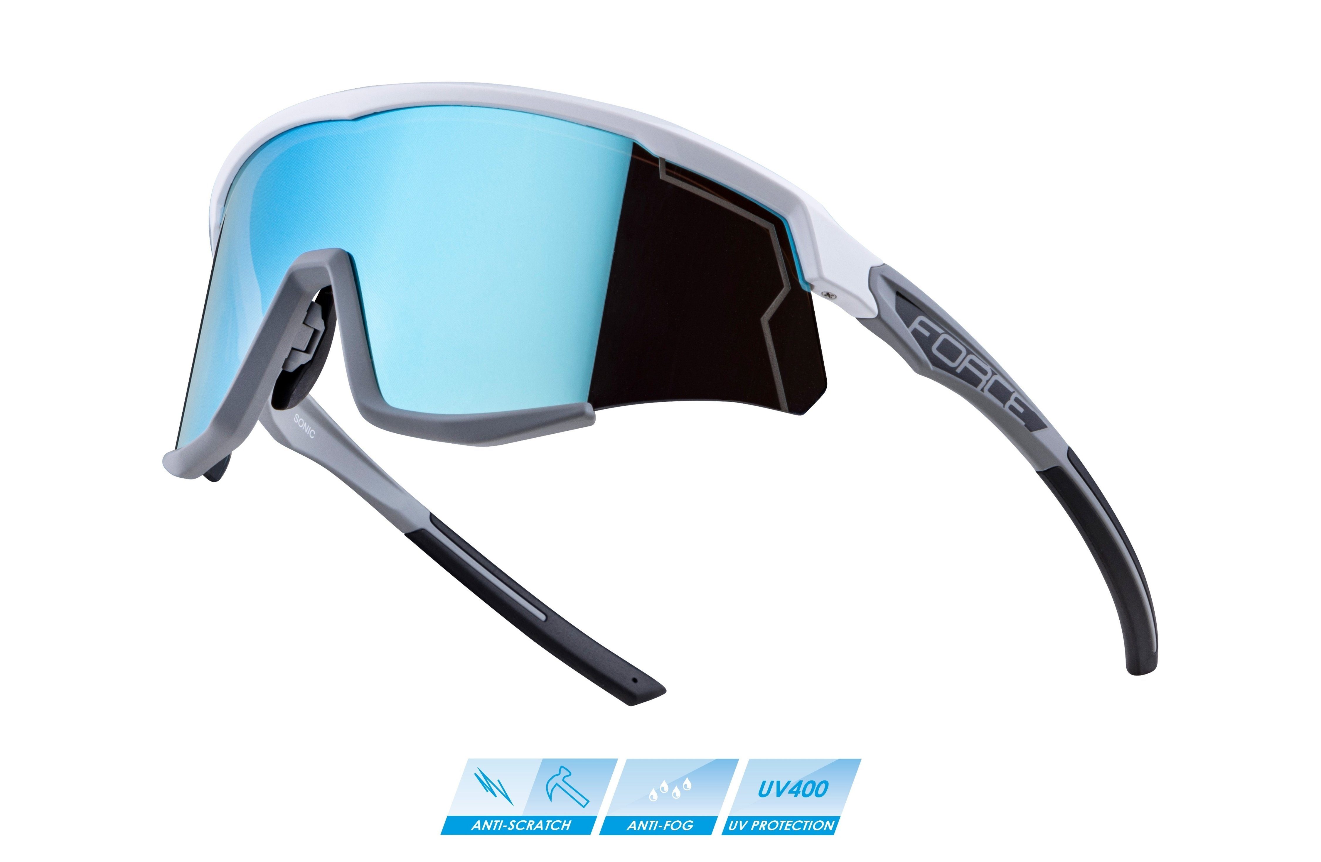 FORCE Fahrradbrille Sonnenbrille FORCE SONIC weiß-grau blau verspiegelte Scheibe