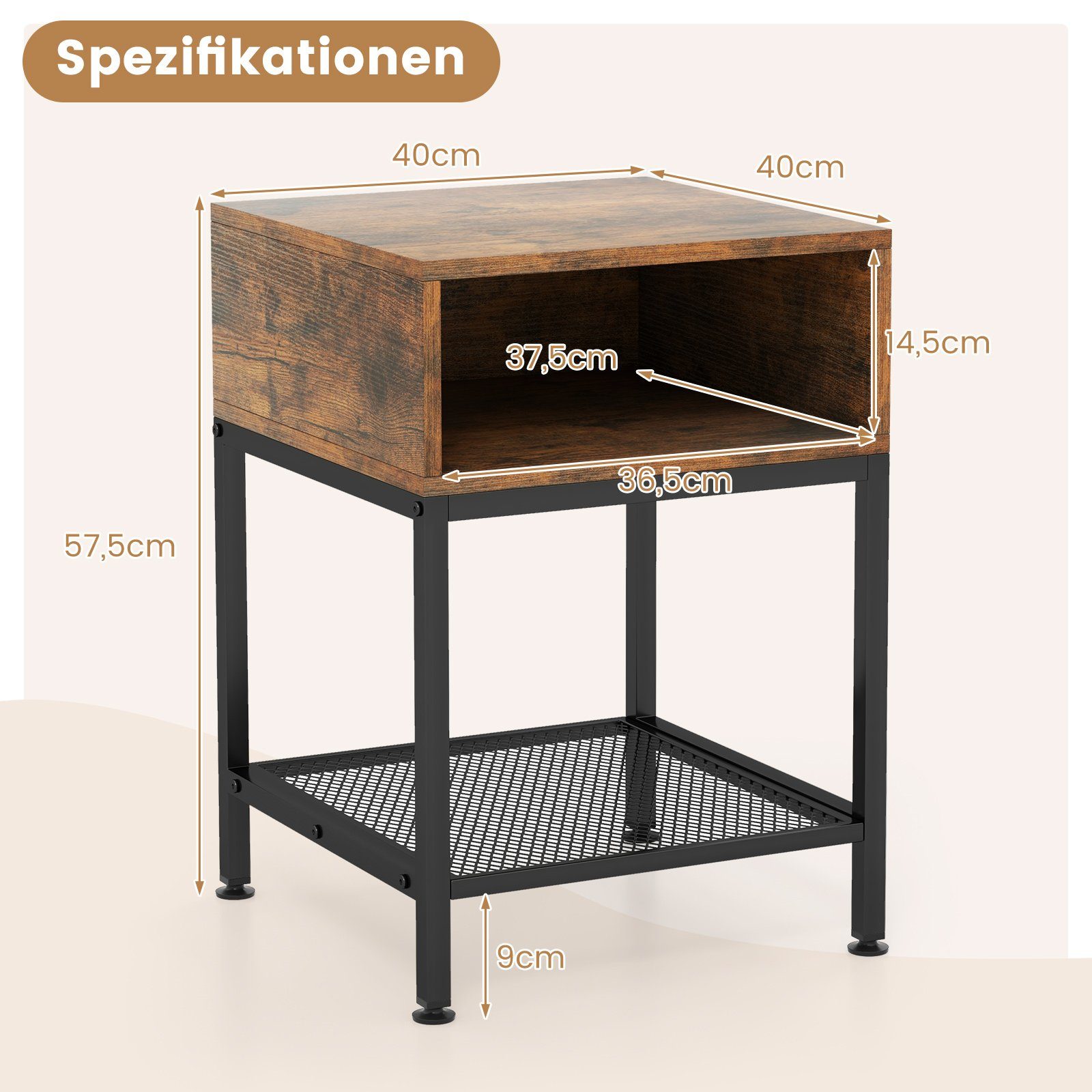 COSTWAY Beistelltisch (1-St), mit Ablagefach & Gitterablage, Metall, 40x40x57,5cm