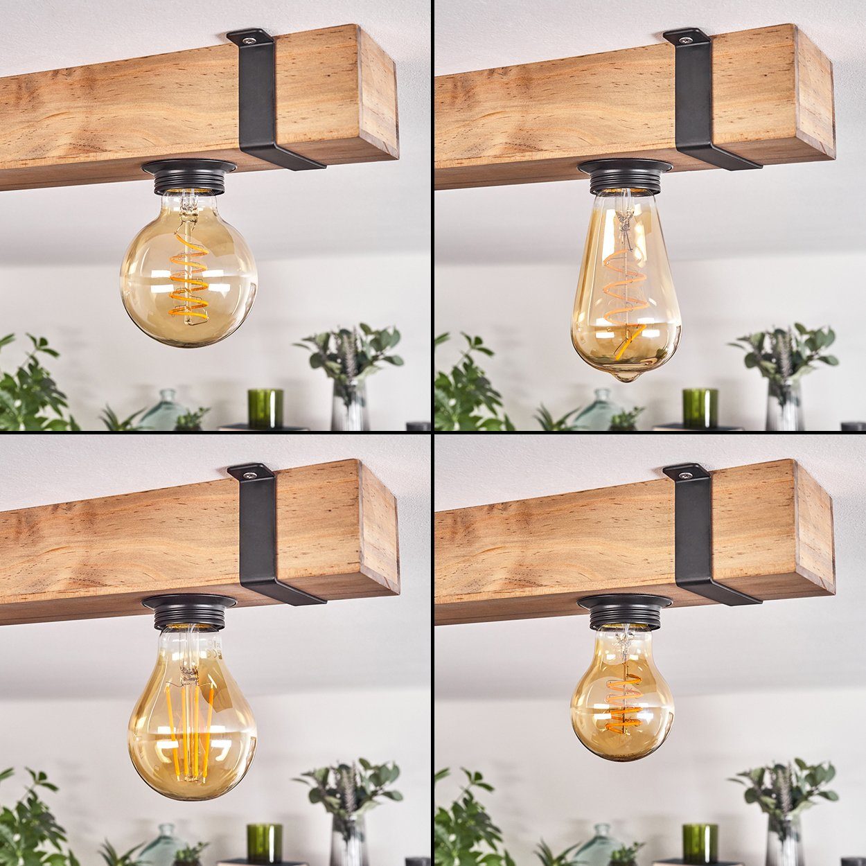 hofstein Deckenleuchte moderne Deckenlampe aus Metall/Holz in Schwarz/Natur, ohne Leuchtmittel, im skandinavischen Design, Holzbalken 60cm, 3x E27, ohne Leuchtm – Bild 2 von 5