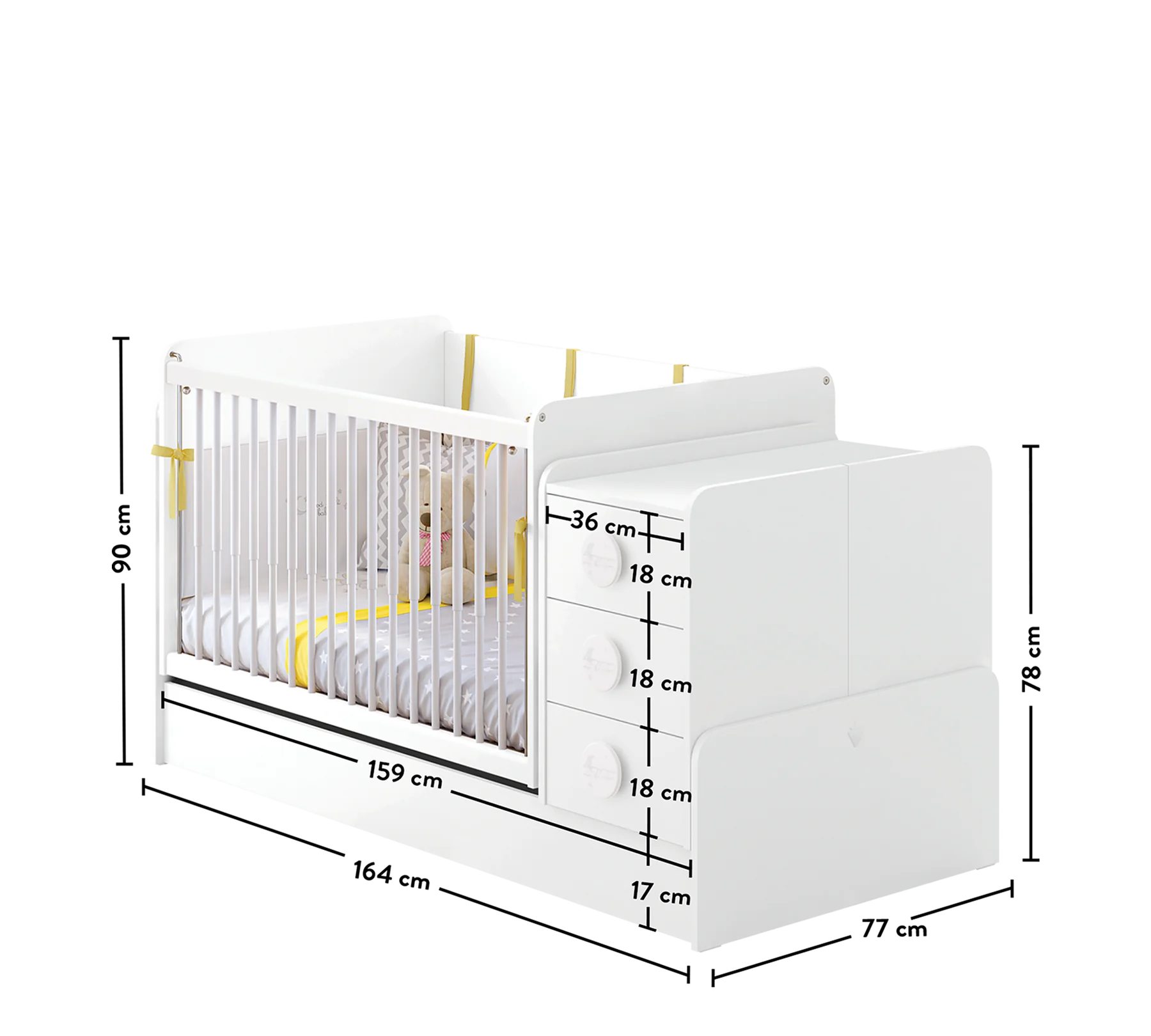 Möbel-Zeit Babybett mit Schaukelfunktion, umbaubar zum Kinderbett + Tisch + Kommode, Schaukelbar. Umbaubar zum Kinderbett.