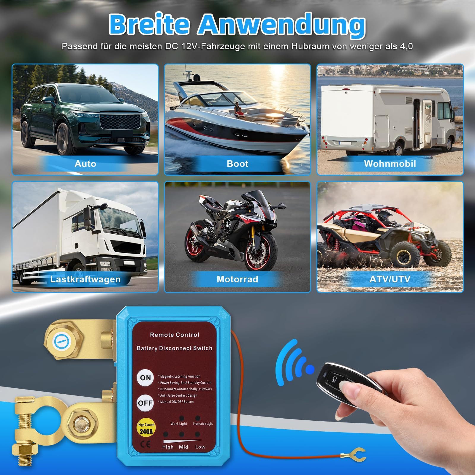 QUBEBU Automatic Car Battery Disconnect Switch with Remote Control Car Battery Charger (Manual Operation and Remote Control; Item Size: 85 * 60 * 36mm)