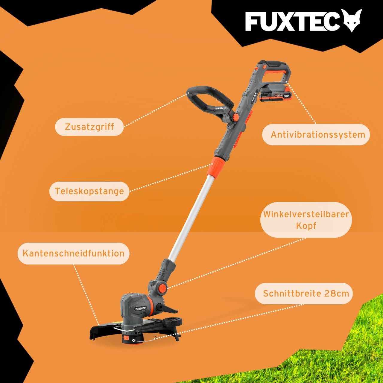 FUXTEC Akku-Motorsense FX-E1RT20PROSET, 28 cm Arbeitsbreite Messer, drehbarer Schneidkopf, Teleskopstiel, Faden- und Messer