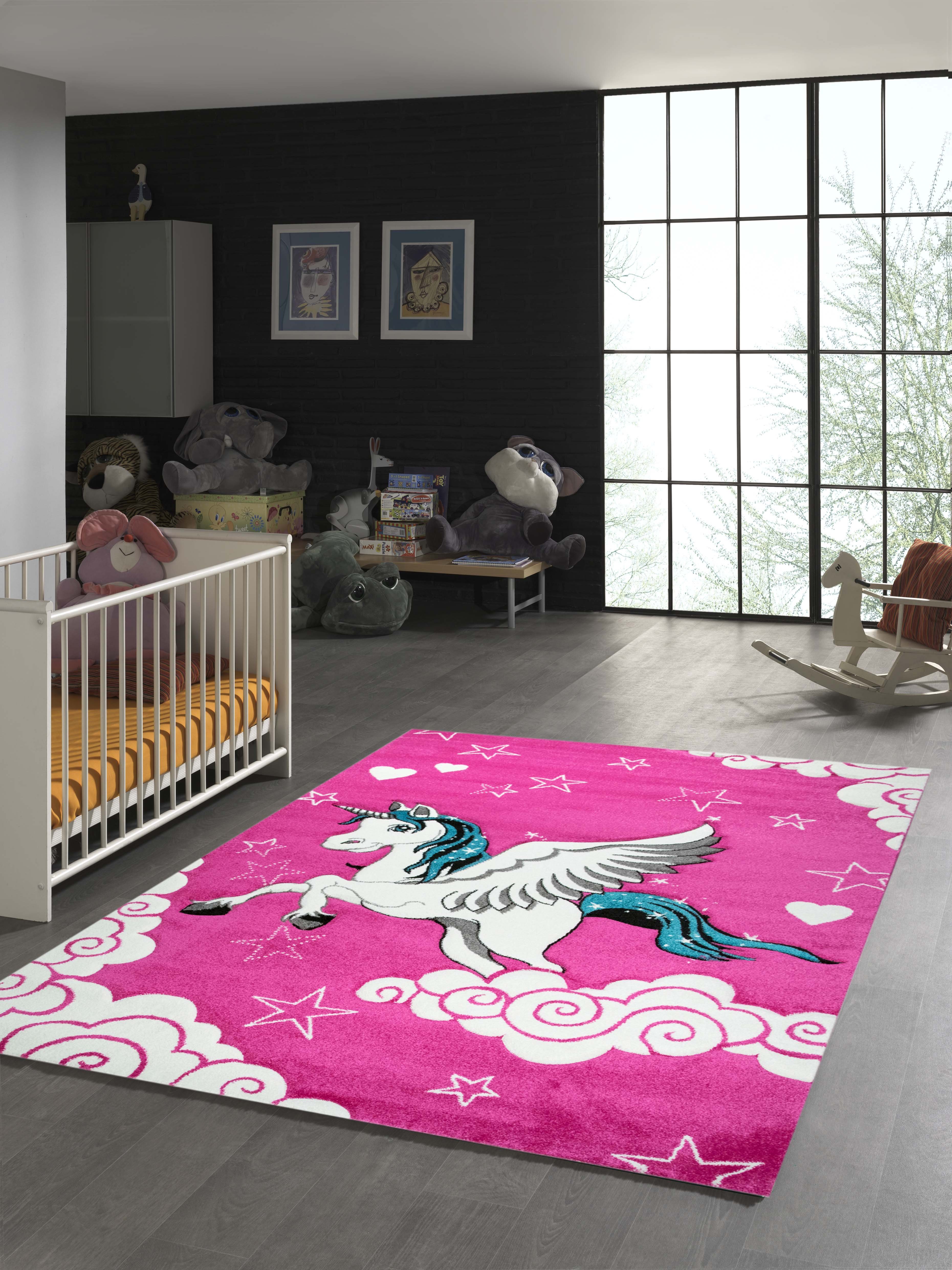 Kinderteppich Kinderteppich Einhorn mit Pink Creme Türkis, TeppichHome24, rechteckig, Höhe: 1.3 mm