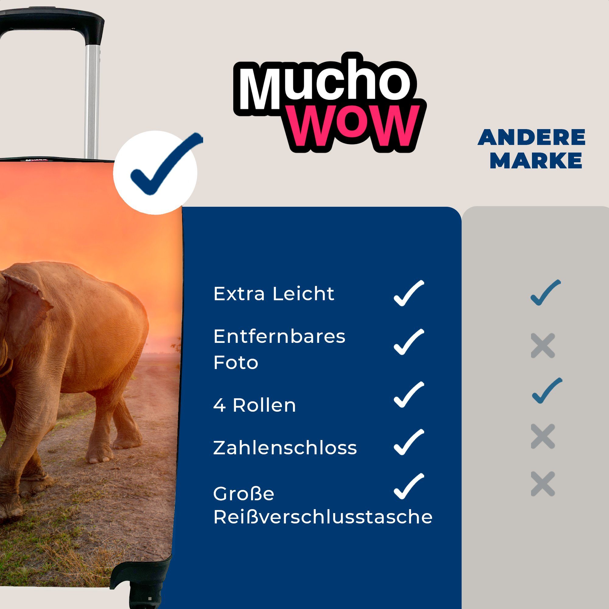 MuchoWow Handgepäckkoffer Elefant - Wasser Tiere Rollen, - rollen, mit Trolley, - 4 Reisetasche Natur, für Handgepäck Reisekoffer Ferien, Sonnenuntergang 