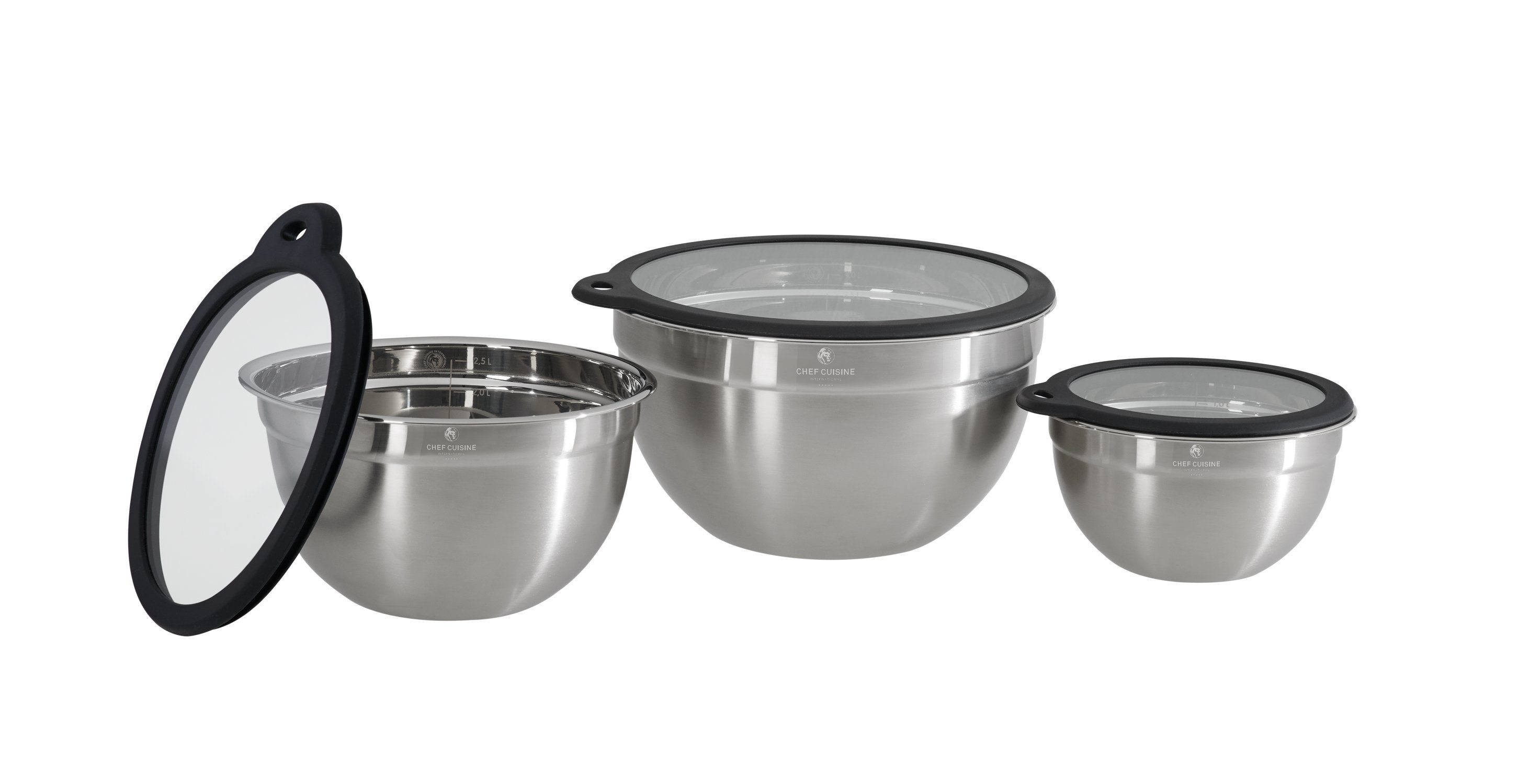 CHEF CUISINE International Schüssel BBQ Edelstahlschüsseln 3-TEILIG mit Glasdeckeln, Edelstahl, (Set, 3-tlg)