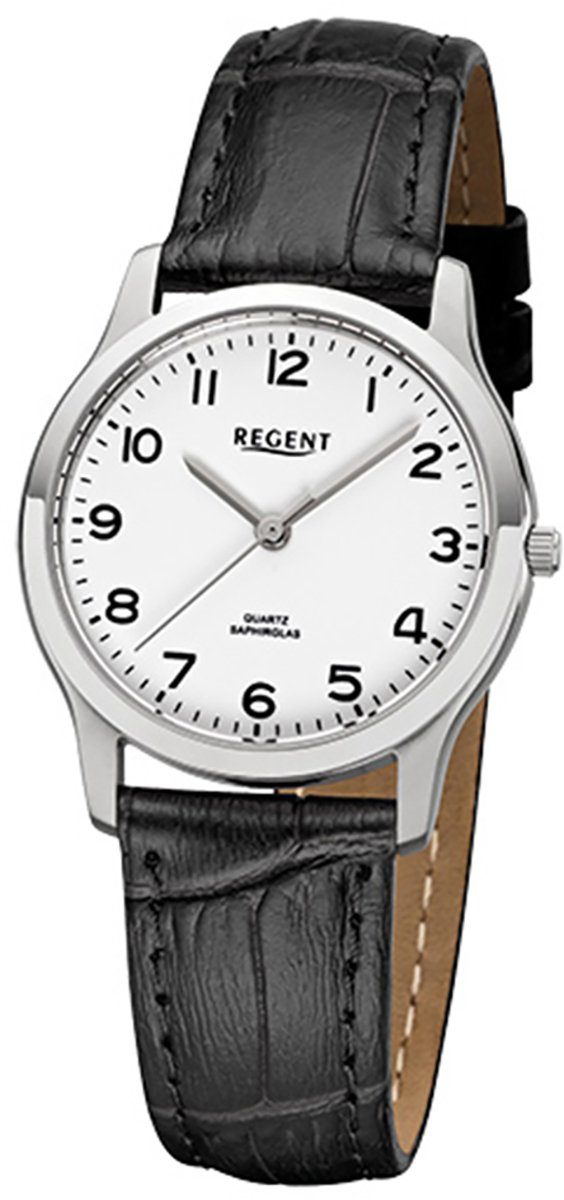 Regent Quarzuhr Regent Damen-Armbanduhr schwarz Analog, Damen Armbanduhr  rund, klein (ca. 30mm), Lederarmband, Uhrzeit