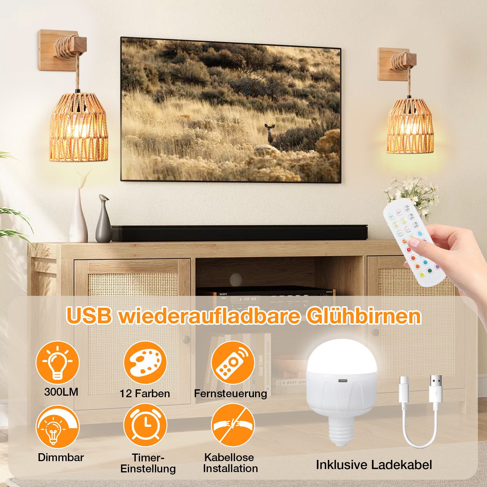 LMaxhome LED Wandleuchte Vintage Wandlampe Innen mit Fernbedienung, Rattan Boho Lampenschirm, 2St., LED wechselbar, 3000 K/4500 K/6500 K und RGB-Farbe, mit E27  – Bild 5 von 5