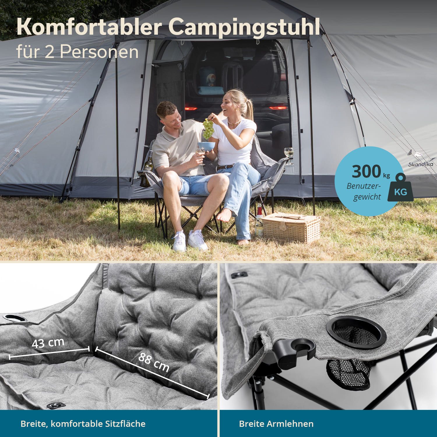 Skandika Campingstuhl Doppel XL Campingstuhl Hygge - für 2 Personen, faltbar ohne Werkzeug (gepolstert, 300 kg belastbar, mit Tragetasche, Gewicht 6,2 kg), Größe 138×49×90cm, Spezialgestell mit zusätzlichen senkrechten Streben