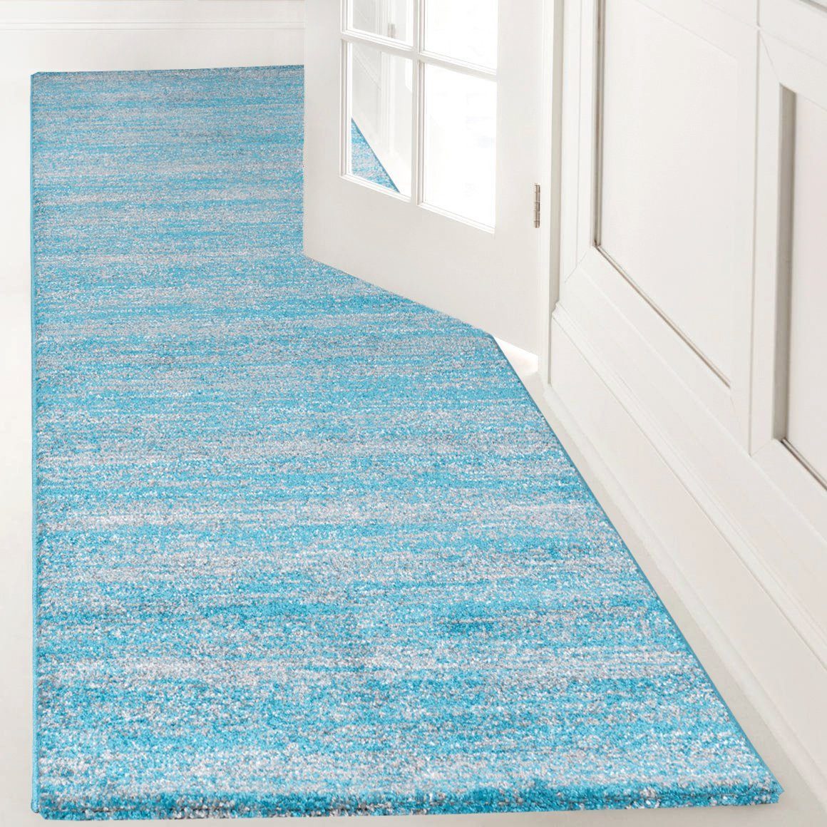 Vimoda Teppich Meliert Kurzflor Wohnzimmer Türkis Weiß Uni, Rechteckig, Höhe: 10 mm, Teppich retro, Wohnzimmer, Schlafzimmer & Flur