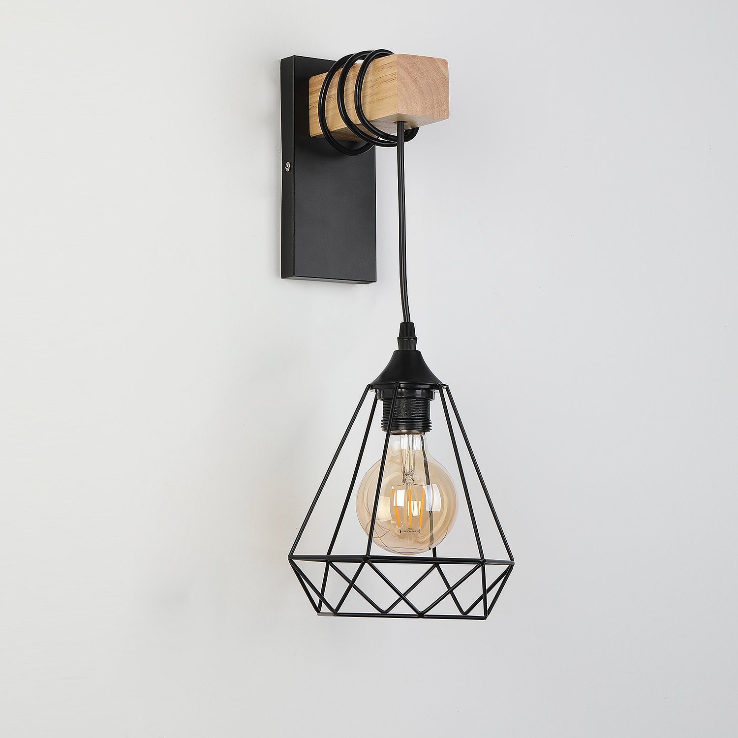 oyajia Wandleuchte Wandlampe im Industrial Design, Retro Wandleuchte aus Stahl und Holz, LED wechselbar, E27-Fassung Höhenverstellbar Pendellampe Flurleuchte oh – Bild 4 von 5