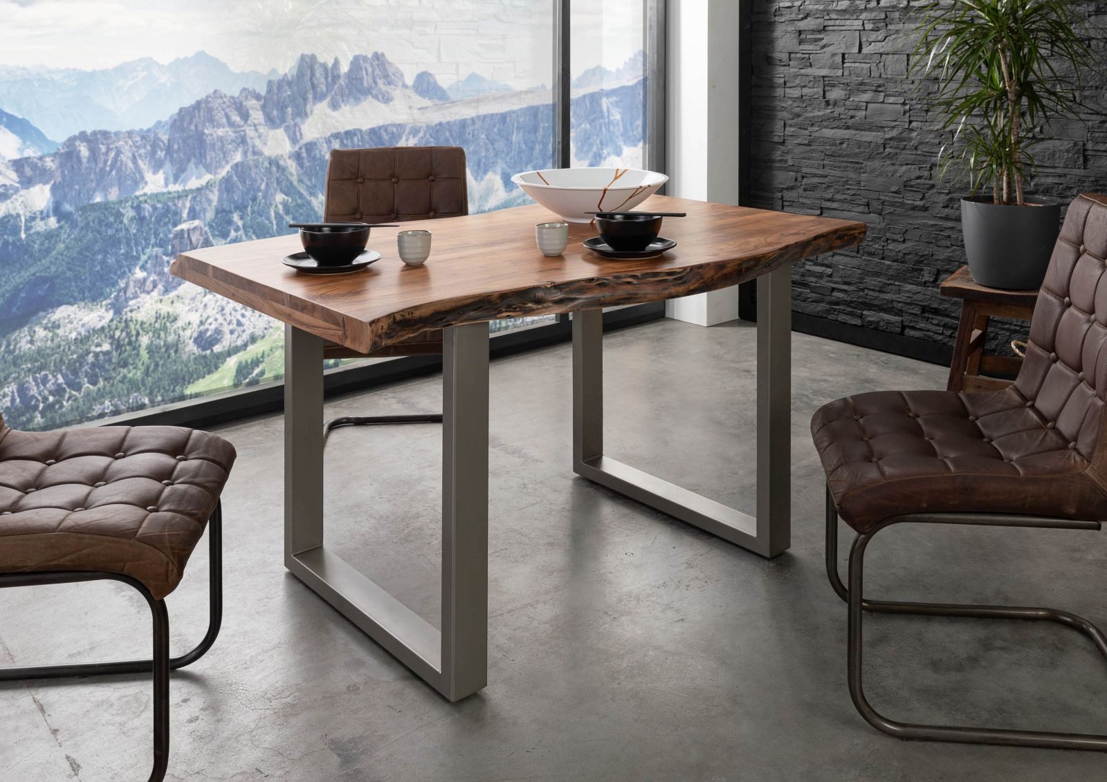 Massivmoebel24 Baumkantentisch FREEFORM (Massivholz, Massivholztisch), Baumtisch Akazie 160x90x77 natur / U-Beine silber FREEFORM 5