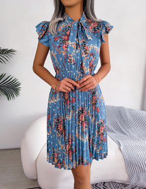 BlauWave Druckkleid Damen Sommerkleid,plissierter Blumen kleider (1-tlg., Rüschenärmel, hoher Halsausschnitt A-Linie, knielanges Kleid) Freizeitkleid