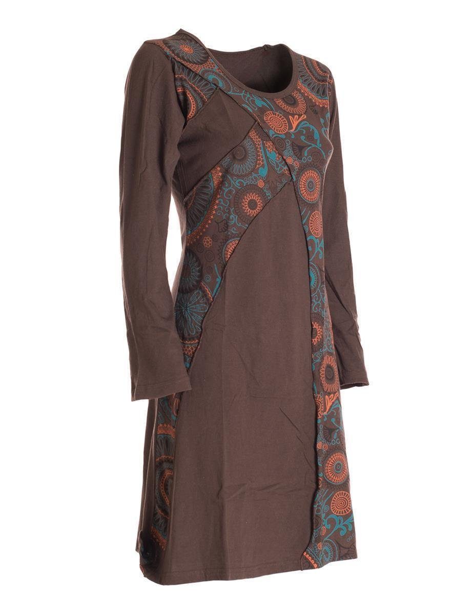 Style Blumenkleid Kleid Langarm Jerseykleid Damen Ethno, Rundhals Baumwollkleid Vishes Elfen Mandala Hippie, braun