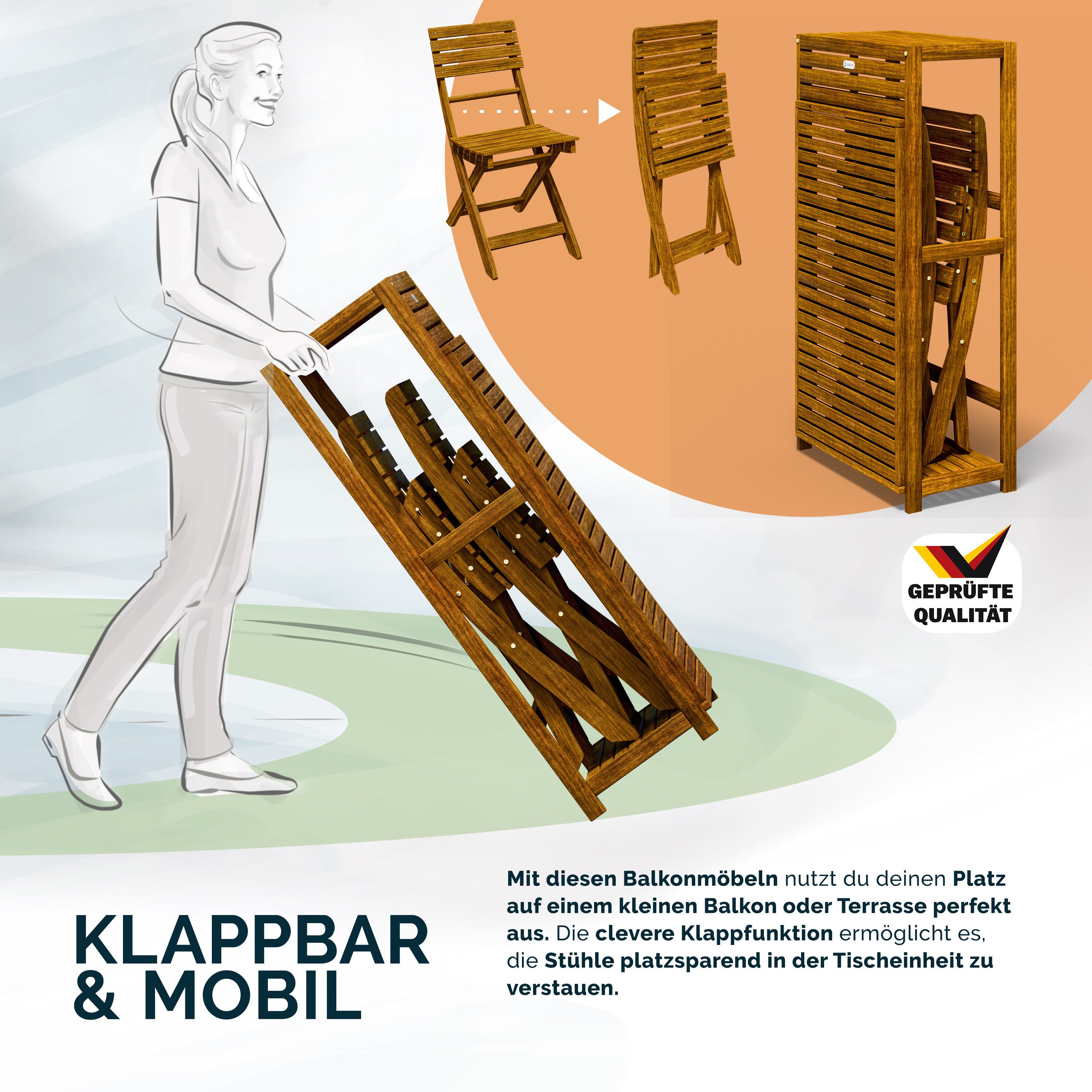 Casaria Balkonset, 2 Personen Wetterfest Klappbar Holz 160kg Belastbarkeit FSC®