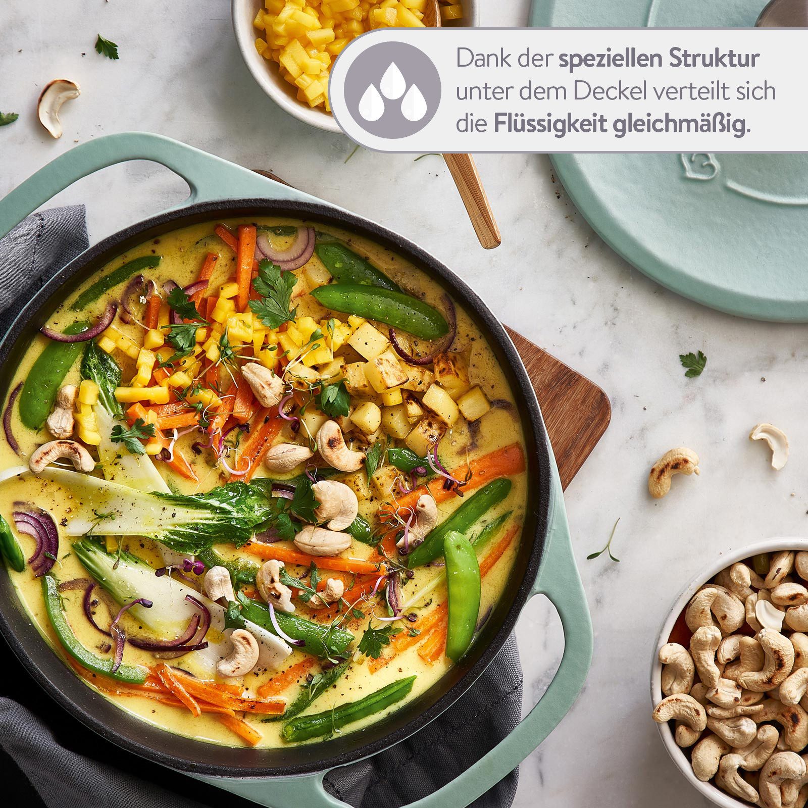 Springlane Bräter Cocotte Mint mit Deckel, Gusseisen, 4 L, Ø 24cm, Rund, Gusseisen emailliert, Edelstahl, Ideale Feuchtigkeitsverteilung durch Tropfenstruktur