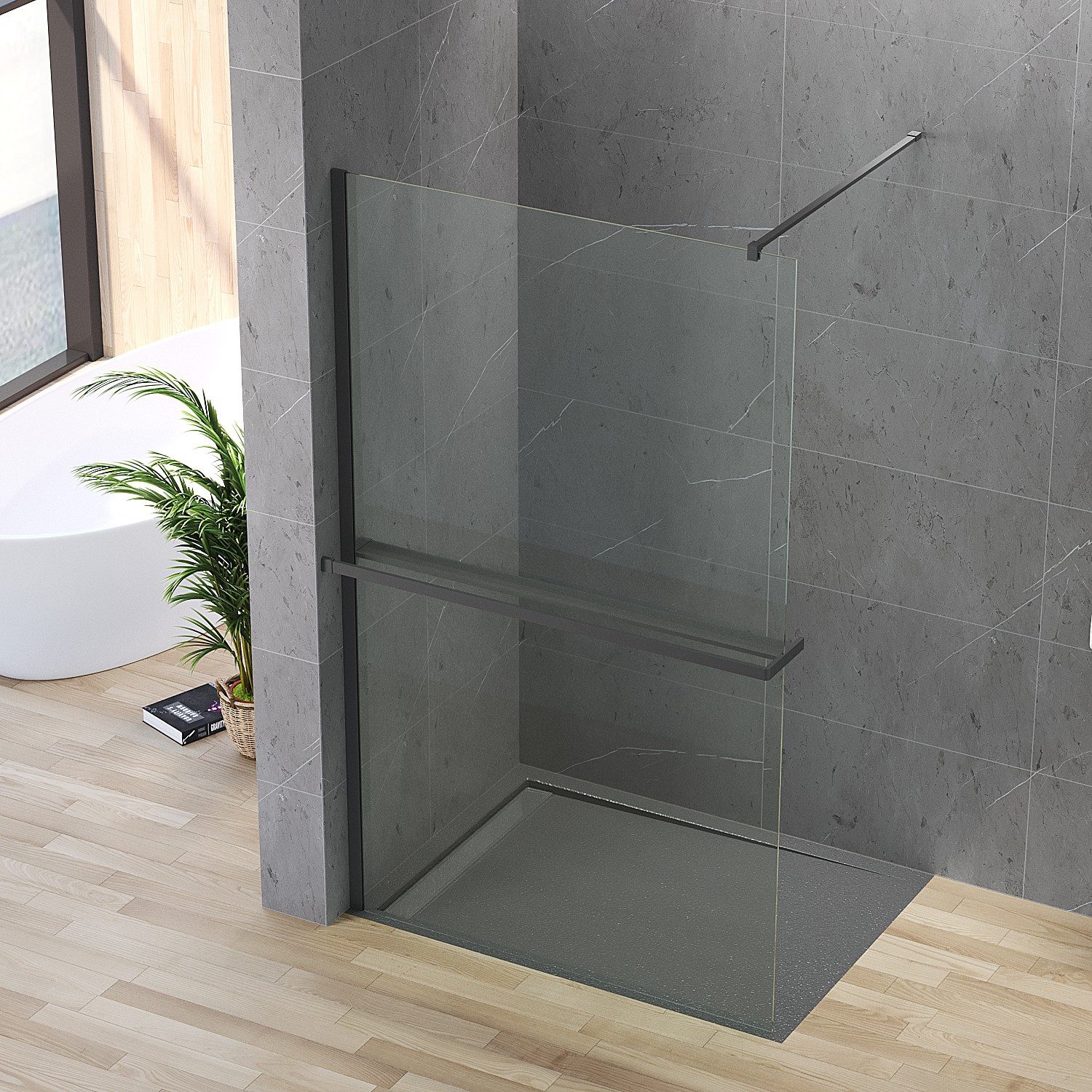 AQUABATOS Walk-in-Dusche 8mm ESG Nano Glas Walk in Duschwand Duschabtrennung Duschkabine, Einscheibensicherheitsglas, Breite 80/ 90/ 100/ 110/ 120cm Duschtrennwand mit mattschwarzem Profil