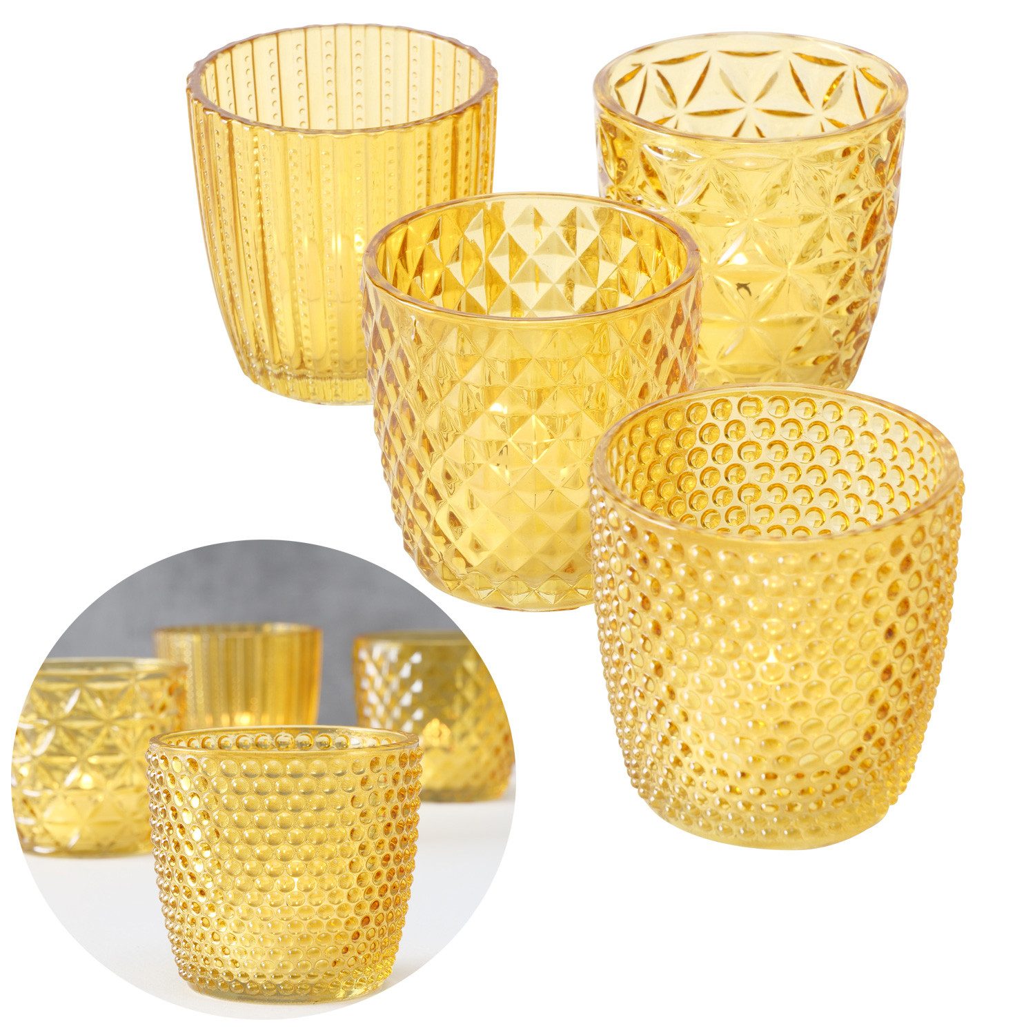 LS-LebenStil Teelichthalter 4´er Set Teelichtgläser Retro Gelb 7cm Glas Windlicht (4´er Set Kristall Ornament Windlicht für Teelichter, 4 St., Halter Kerzenständer Tischdeko Kerzenhalter Gläser für Teelichter), 7x7cm, 4´er Set Kristall Ornament Windlicht für Teelichter