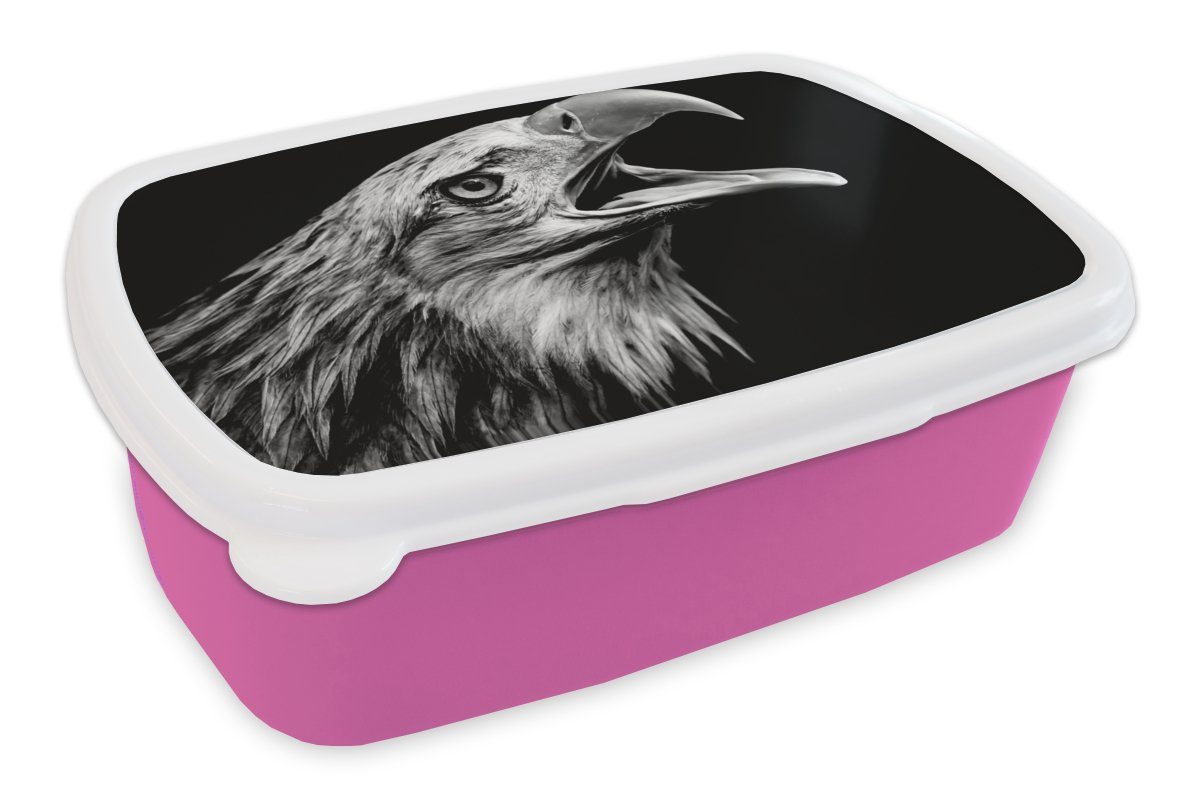 MuchoWow Lunchbox Adler - Porträt - Raubvögel - Schwarz - Weiß - Vogel, Kunststoff, (2-tlg), Brotbox für Erwachsene, Brotdose Kinder, Snackbox, Mädchen, Kunststoff rosa