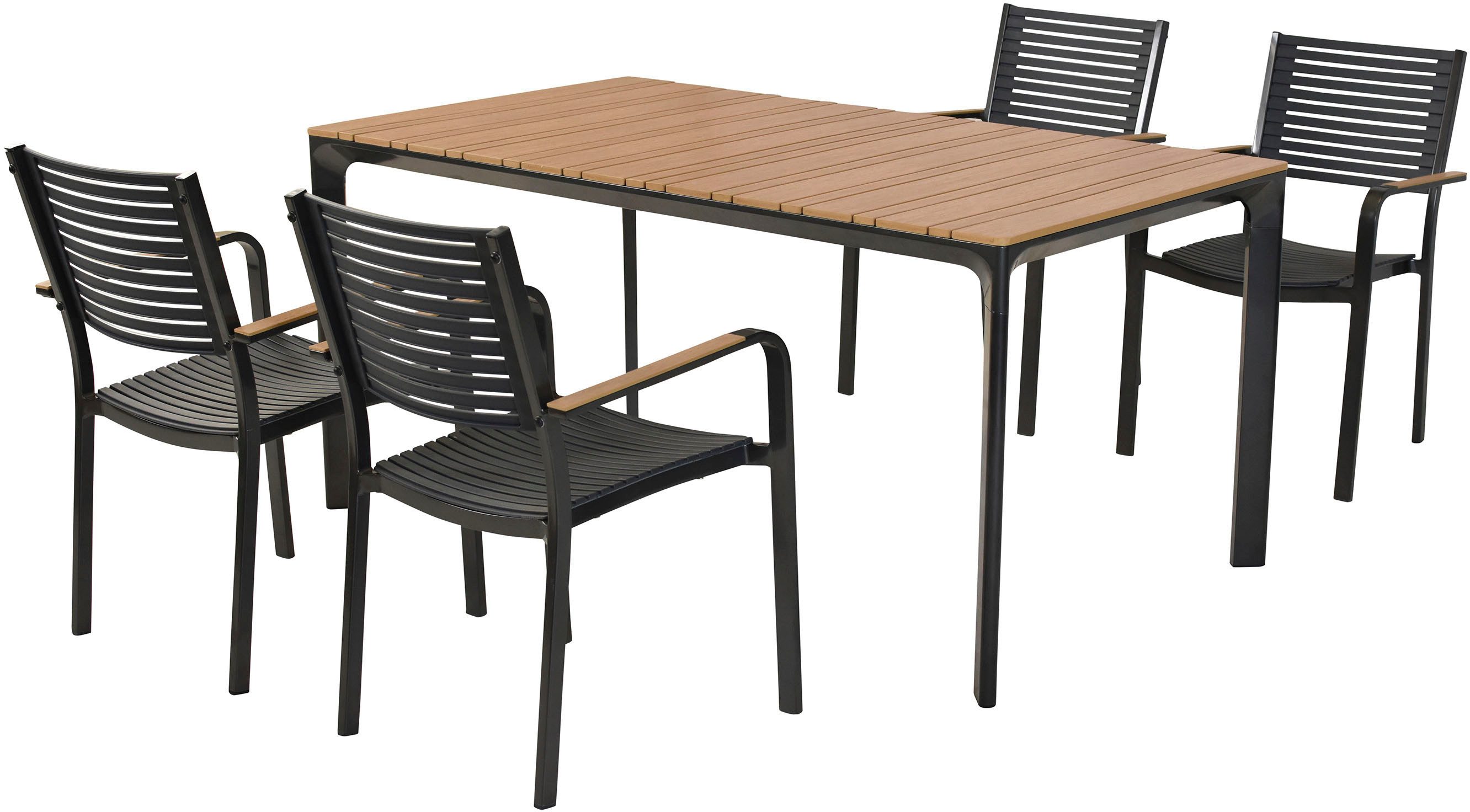 MERXX Garten-Essgruppe »Paliano«, (Set, 5-tlg), Applikationen, Armlehnen und Tischplatte aus Kunststoff in Holzoptik