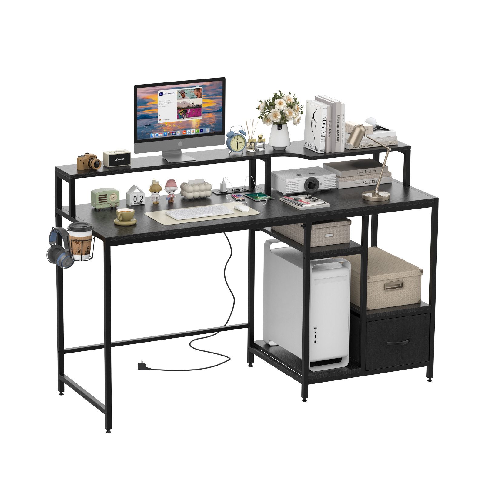 JEOBEST Schreibtisch Computertisch mit Schubladen Regal, Gaming Tisch mit Monitorständer, (1 Tisch), Stabil Stahlgestell Industrie-Design, für Büro, Heimbüro