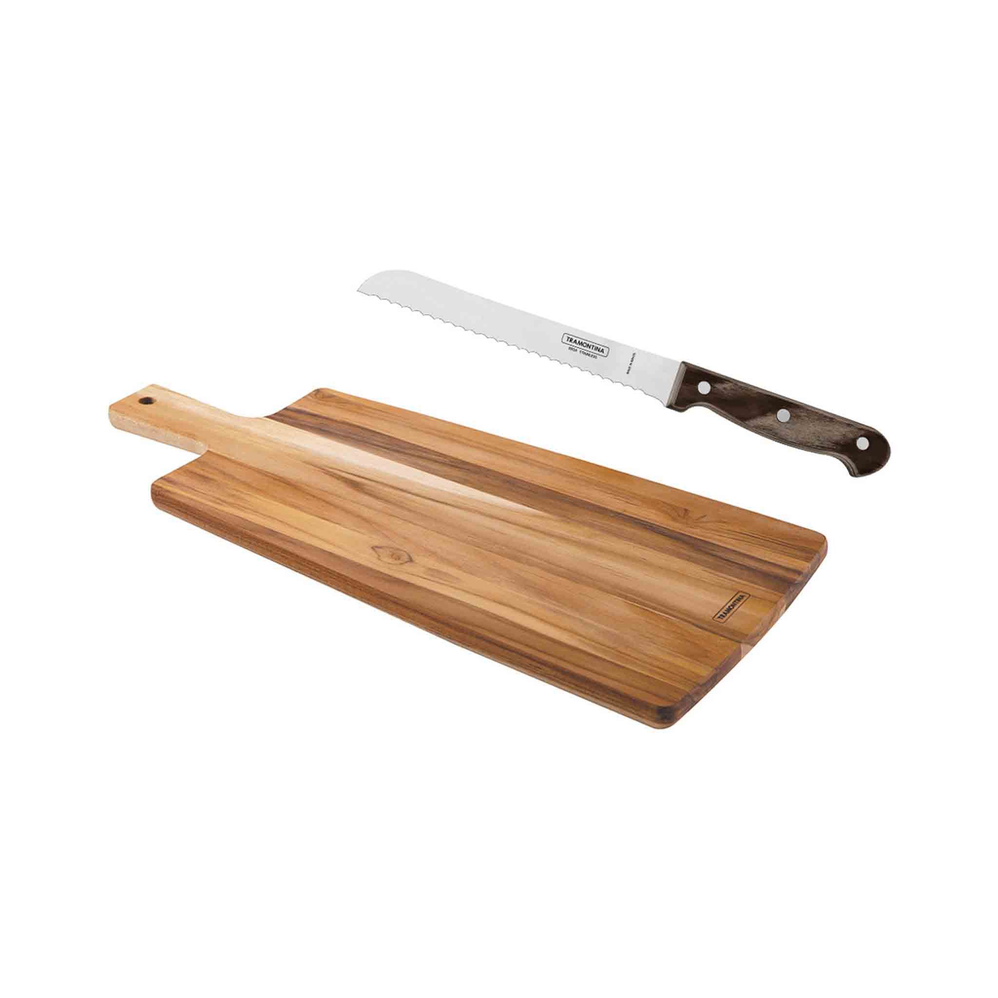 Tramontina Brotschneidebrett LANDHAUS Set - Brotmesser und Schneidebrett, Teak, (Set, 2-St., Schneidebrett mit Brotmesser), Maße Brett 48 x 19 cm, Klinge aus rostfreiem Edelstahl