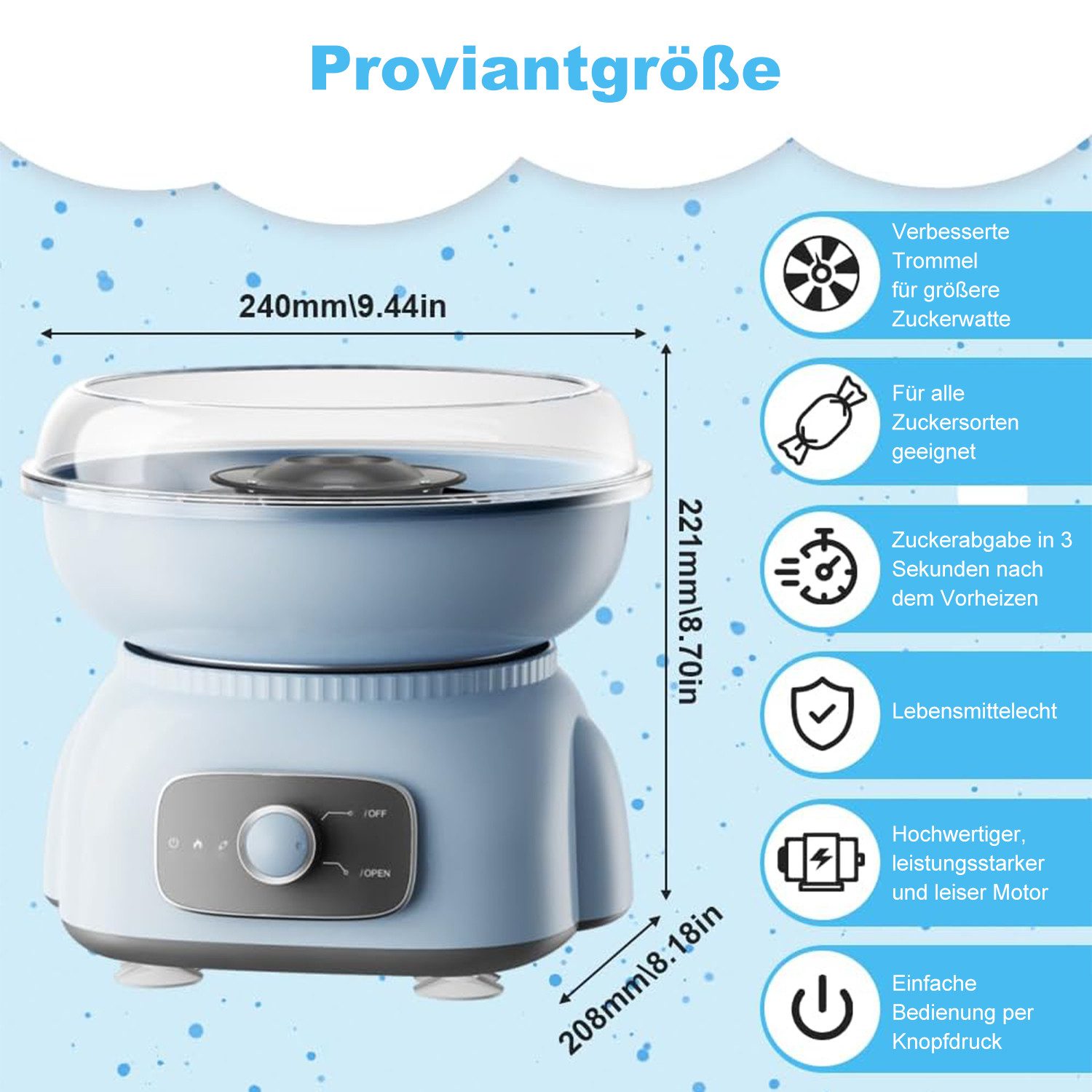 AIMAX Zuckerwattemaschine 500W Cotton Candy Machine Zuckerwattegerät Leckere zuckerwattemaschine, mit Messlöffel 10x Bambus-Stäbchen Kindergeburtstag Party Süßigkeiten