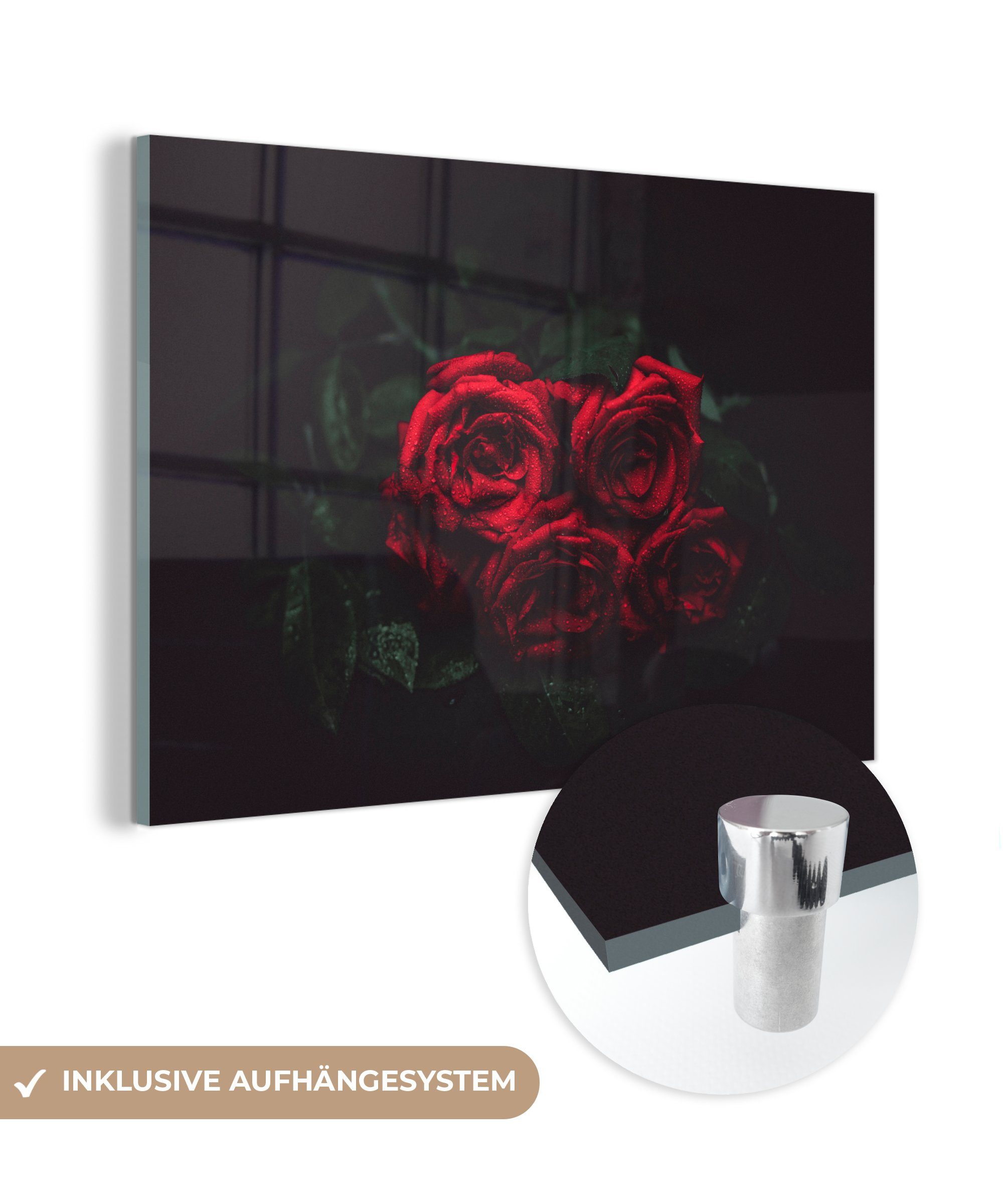 - Schlafzimmer Wohnzimmer MuchoWow Rot St), Acrylglasbild & (1 Acrylglasbilder Schwarz, Rosen -