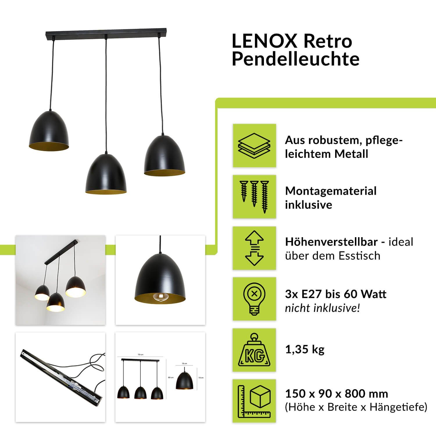 Gold Pendelleuchte verstellbare Hängeleuchte Licht-Erlebnisse Pendel ohne LENOX, Retro Schwarz Küche Lampe Leuchtmittel,