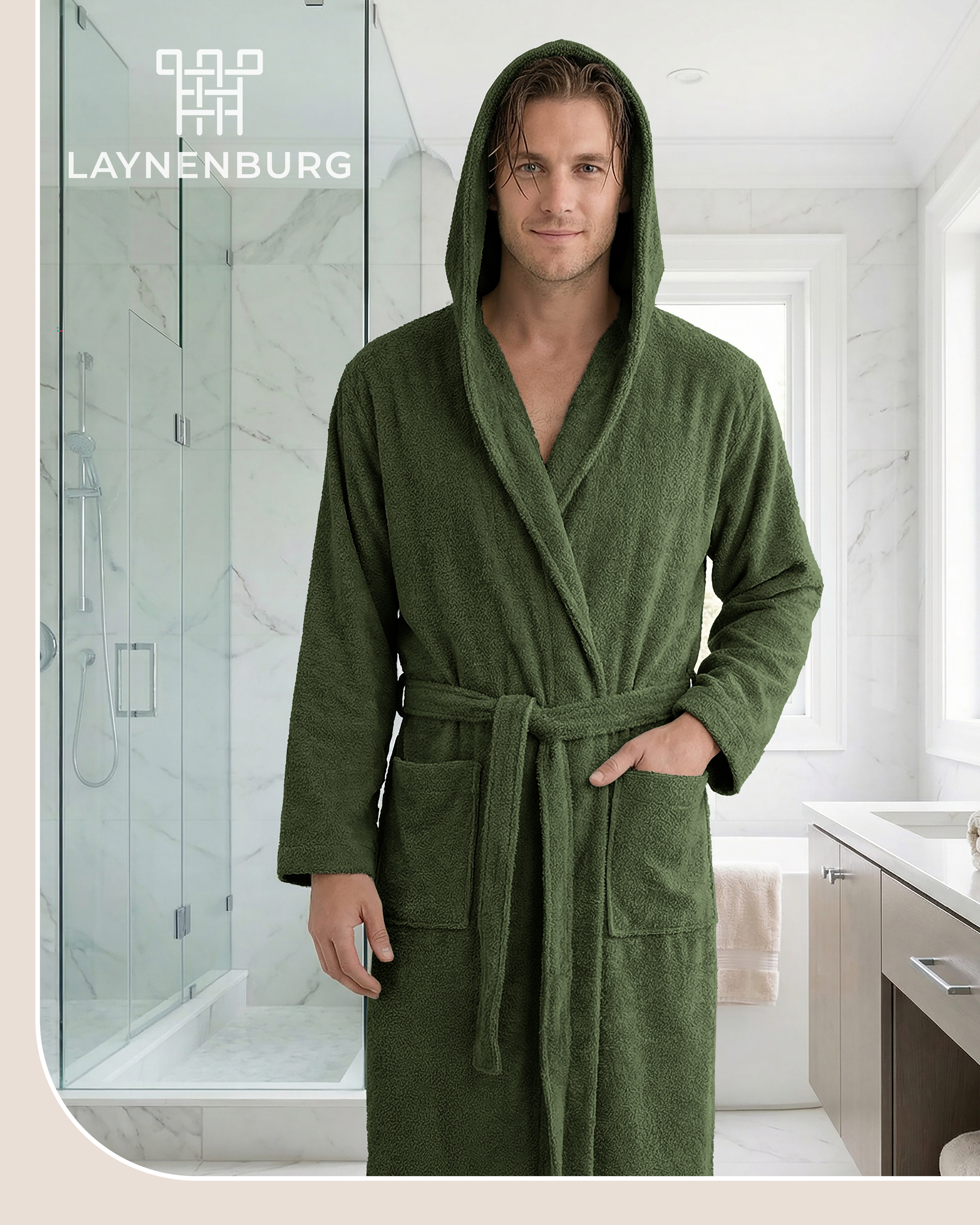 Laynenburg Herrenbademantel Bademantel Herren mit Kapuze aus 100% Baumwolle Frottee, mit Gürtel, aufgesetzten Taschen, Waden-lang für Spa, Sauna, M-XXXL