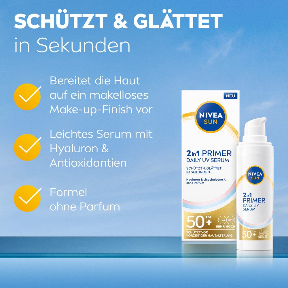 Nivea Sun Sonnenschutzpflege NIVEA SUN UV Gesicht 2in1 Primer Serum LSF 50+, Feuchtigkeitsspendend, nicht fettend, für langanhaltendes Make-up.