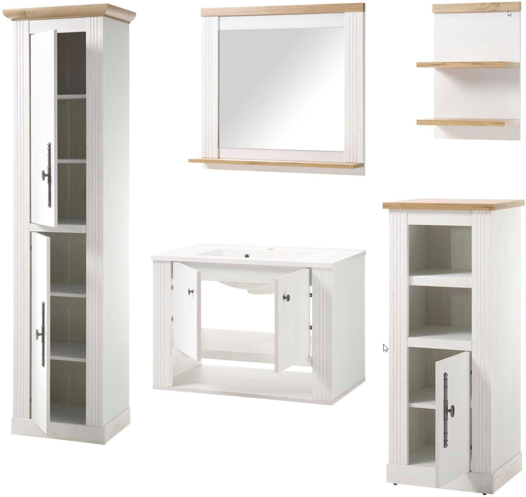 OTTO home Badmöbel-Set WESTMINSTER, Bad im Landhausstil, 5-teiliges Badezimmer, (5-St), Hänge-Waschtisch, Spiegel, Midischrank, Regal, Hochschrank, 220 cm