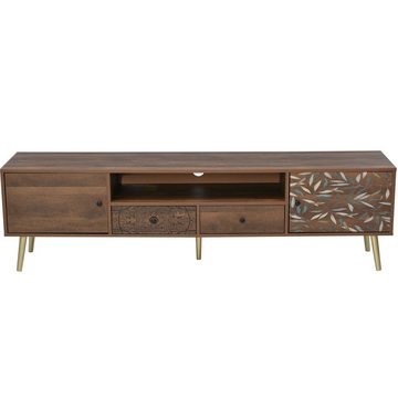 Fangqi TV-Schrank TV-Schrank Lowboard 180 lang, 2 Türen, 2 Schubladen, 1 offenes Fach (Landhaus Design, goldene Beine, 180x38x50,5cm)