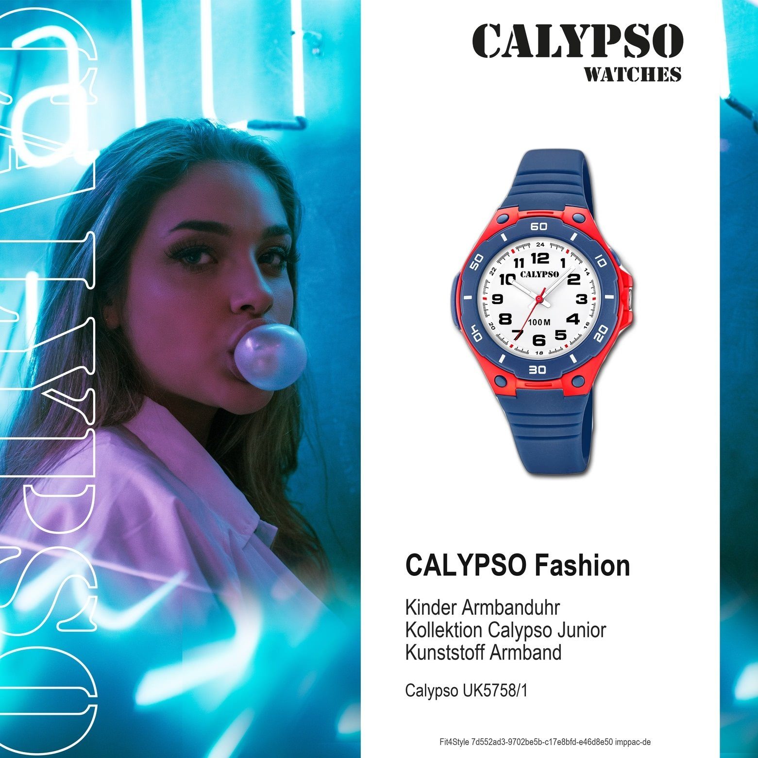 Uhr Fashion Kunststoff, Kunststoff Quarzuhr CALYPSO blau, PUarmband Kinder Calypso PU, Kinder Armbanduhr K5758/1 WATCHES rund,