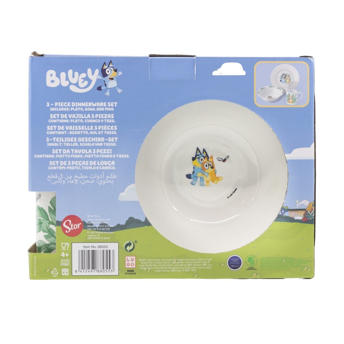 Bluey Kindergeschirr-Set Kinder Keramik 3 teilig Teller Schüssel Becher in Geschenkbox (3-tlg), 1 Personen, Keramik