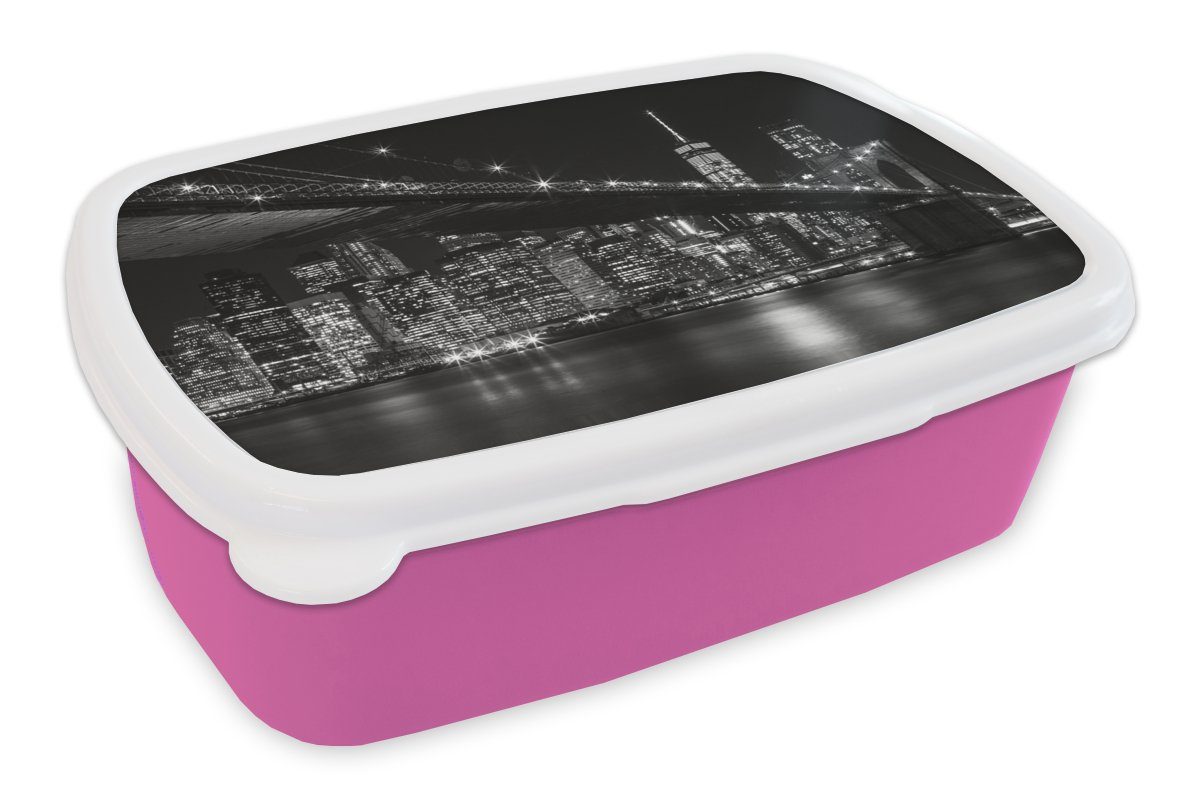 Snackbox, Brooklyn Kunststoff, Erwachsene, New MuchoWow Brotbox Brücke, rosa (2-tlg), Kinder, Brotdose für - - York Mädchen, Kunststoff Lunchbox