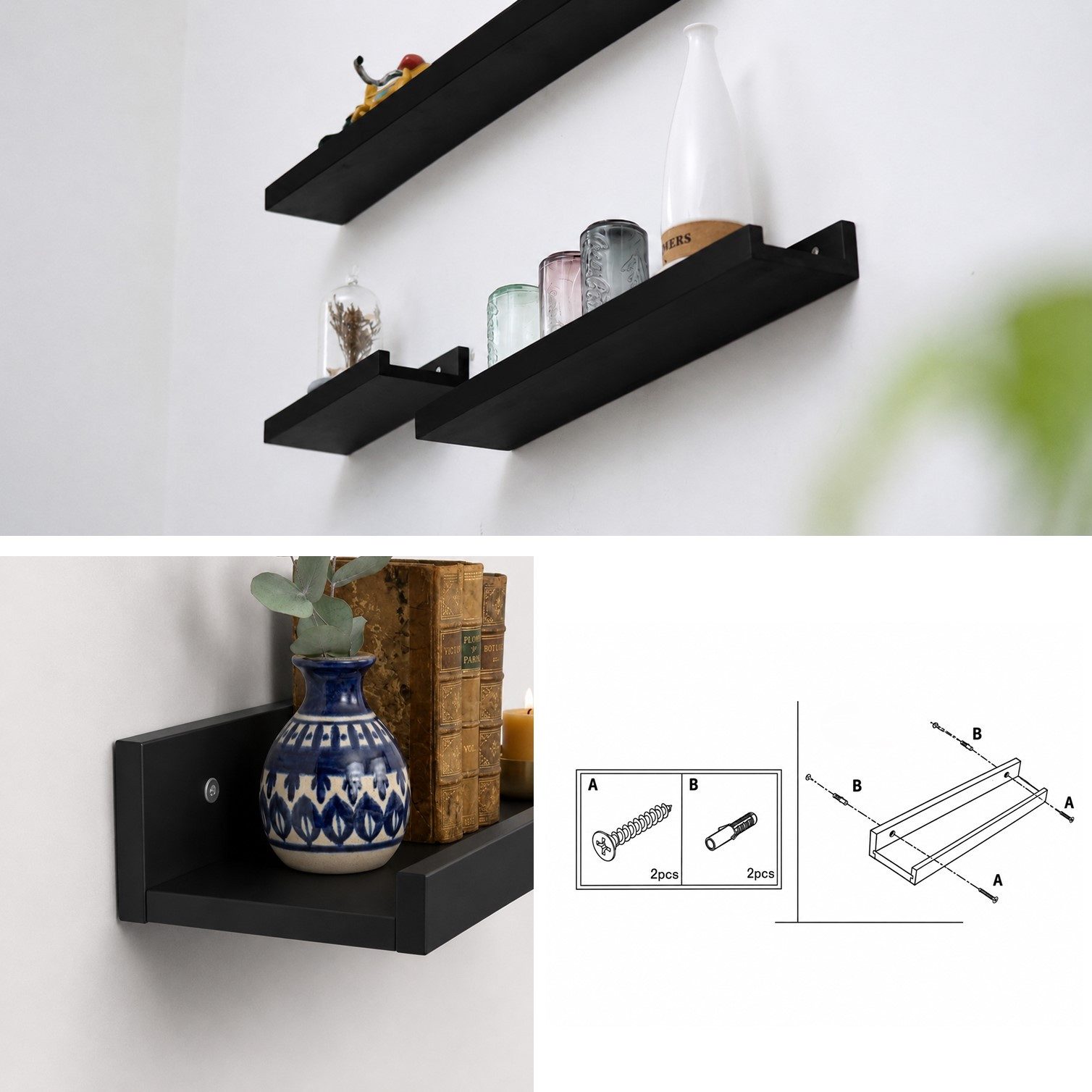 HOOZ Wandregal Wandbord 33 x12 x 5 cm, Massiv Bambus FSC zertifiziert, Farbe Schwarz, Einzelartikel 1-tlg., FSC-zertifizierter Bambus, schwebende Optik, erhöhte Frontkante