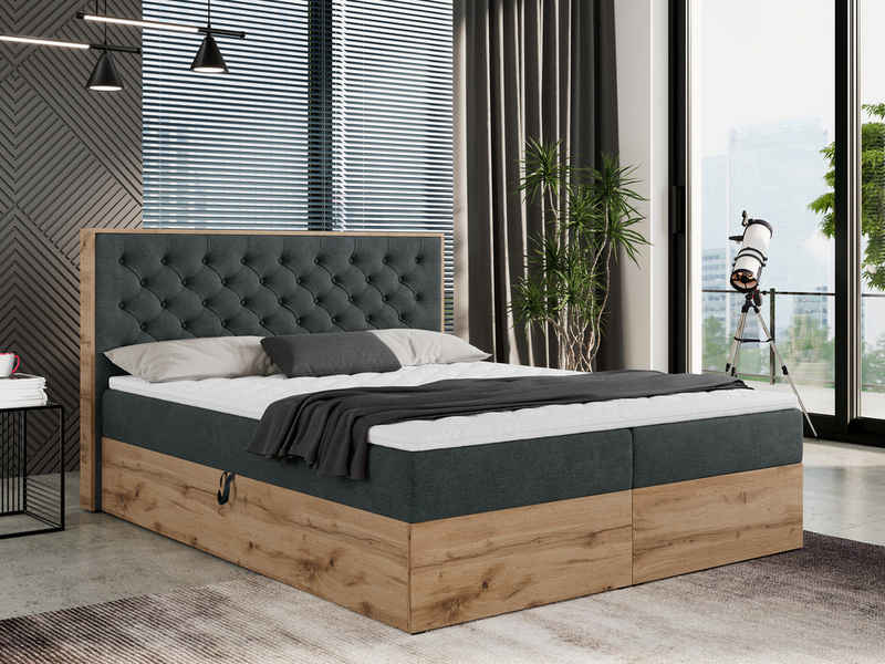 MKS MÖBEL Boxspringbett ALBERO 3, Multipocket-Matratze, Doppelbett, mit Eiche Holzrahmen, mit Kopfstütze