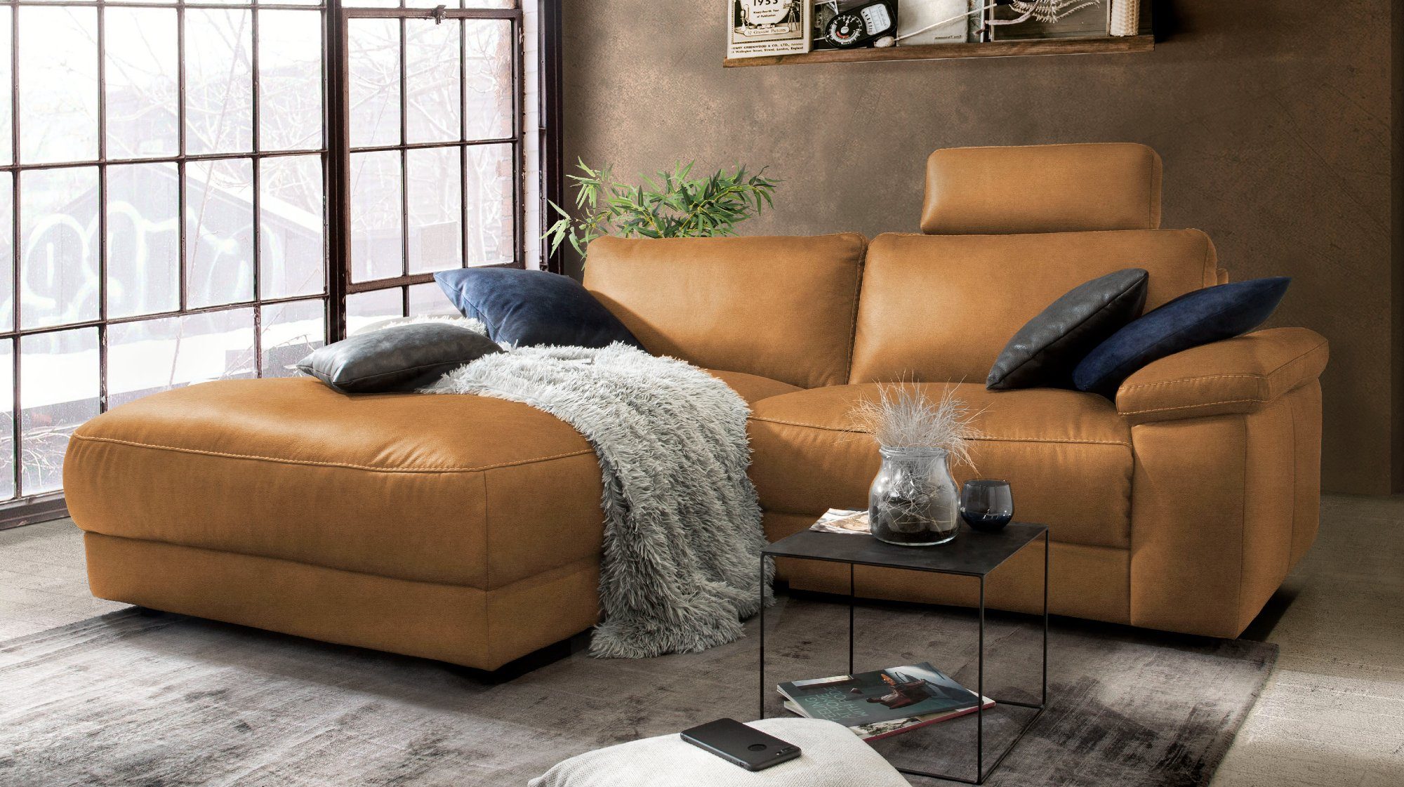 KAWOLA Ecksofa LOLA, Sofa od. Farben links, Recamiere Leder, versch. Stoff rechts od