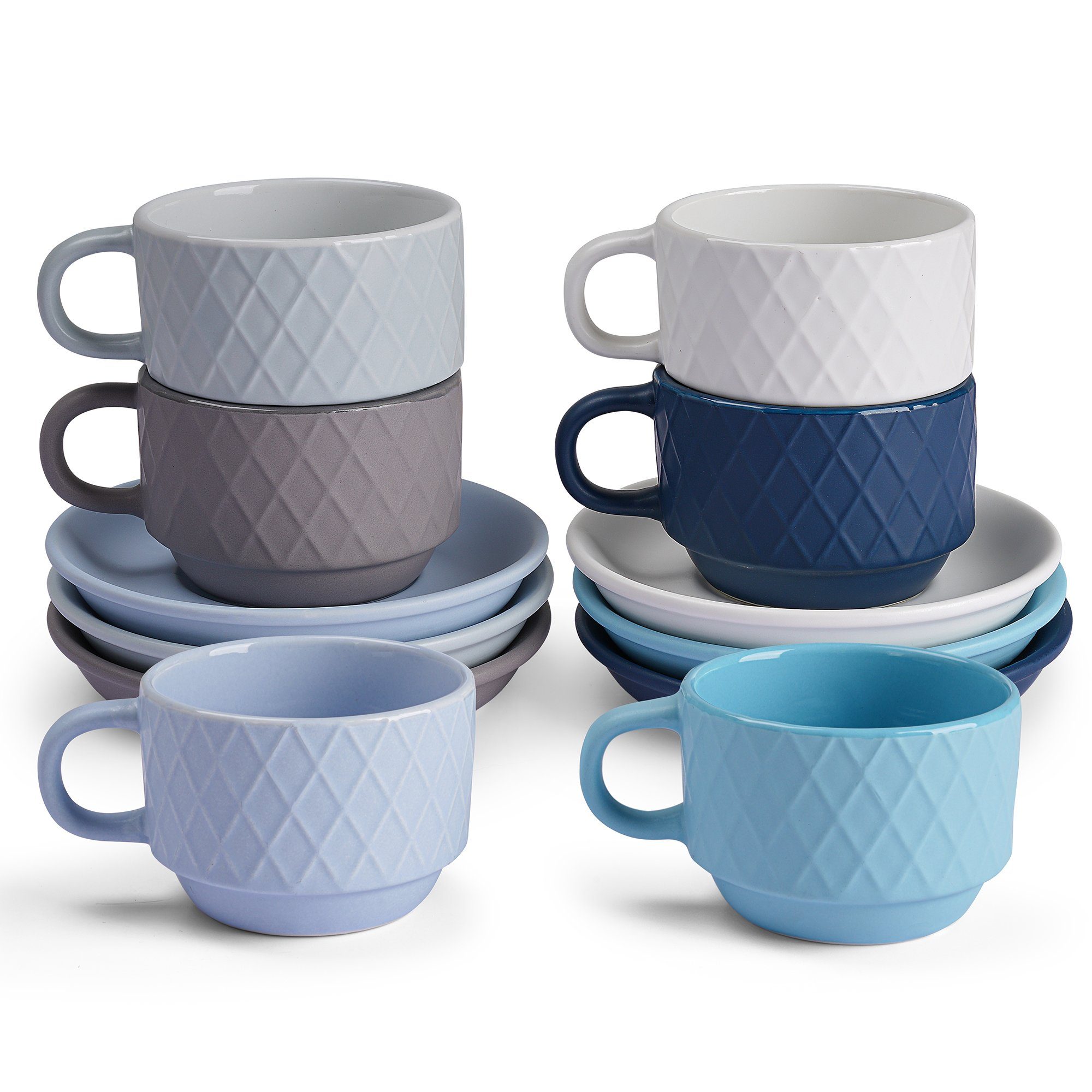 MiaMio Espressotasse 6 x 75 ml Espresso Tassen Set mit Ständer Steingut Keramik (Ocean), 6-tlg.