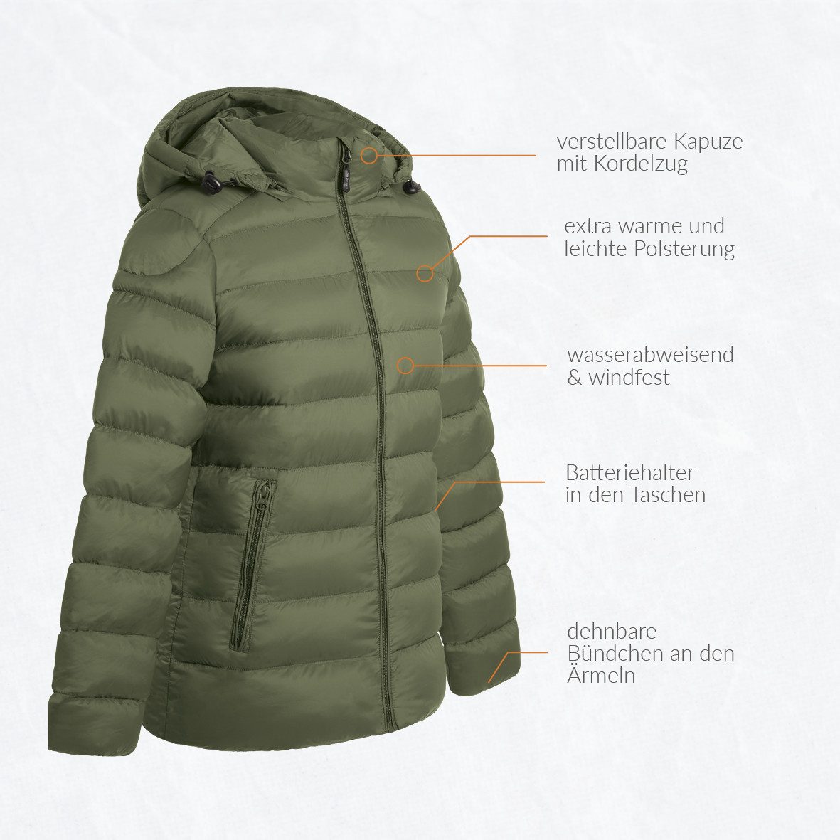 30seven Steppjacke beheizte Steppjacke Slim Fit mit verstellbarer Kapuze - Khaki 5V Set inkl. 2 Powerbanks & Ladegerät