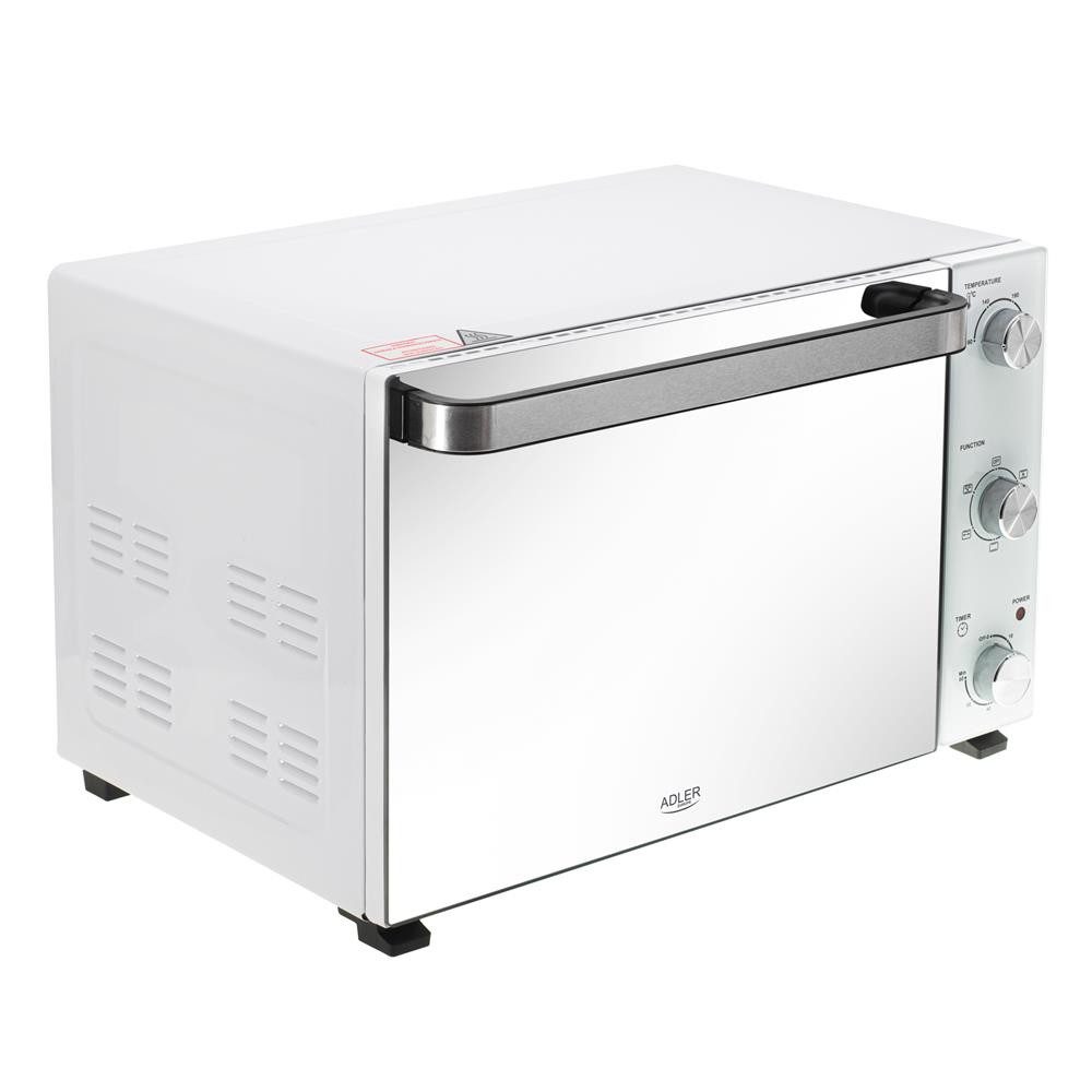 Adler Minibackofen AD 6027, Elektrobackofen, 48L, Mini Backofen, Umluft, Timer, Drehspieß, weiß