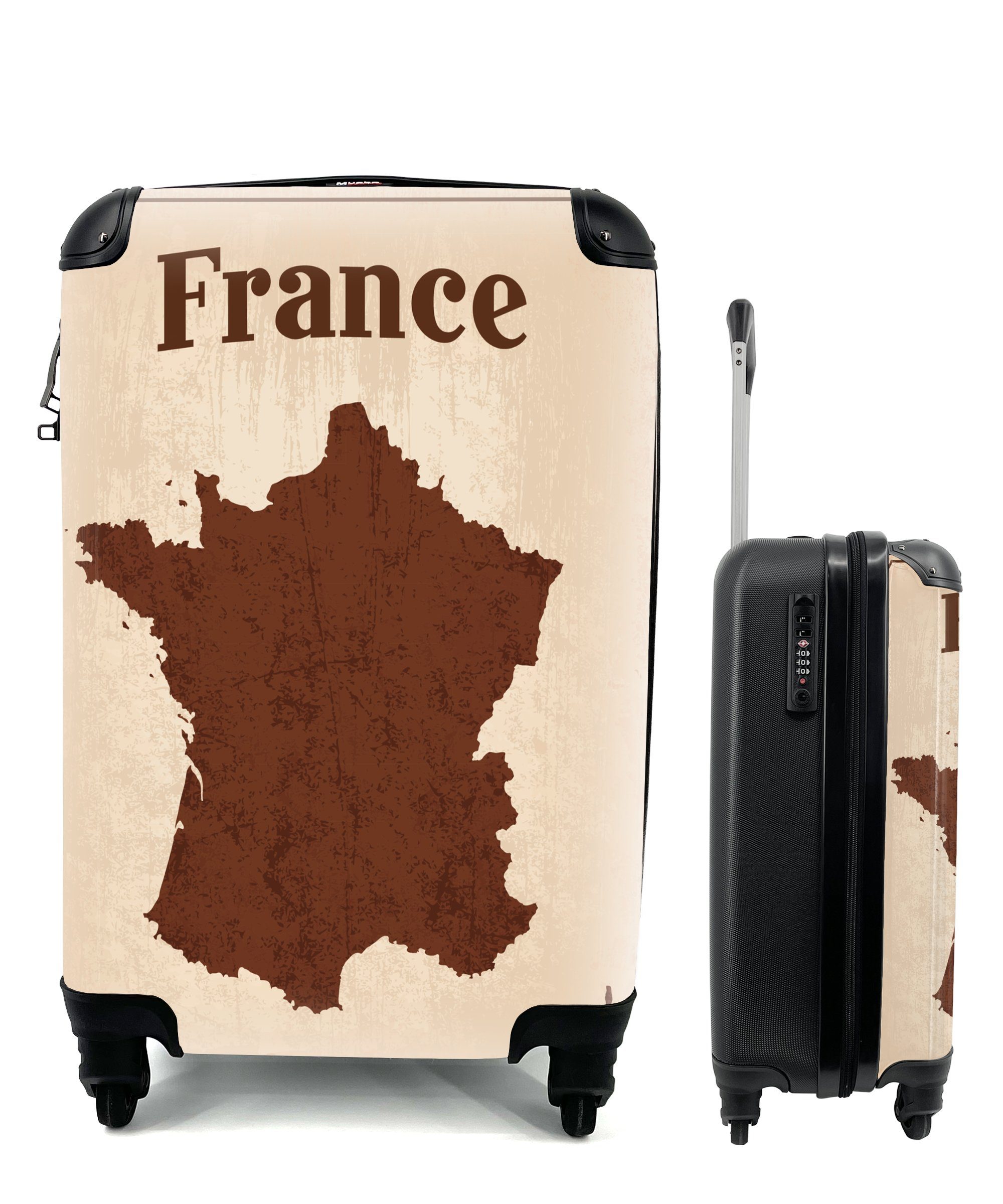 MuchoWow Handgepäckkoffer Eine Illustration von Frankreich vor einem antiken Hintergrund, 4 Rollen, Reisetasche mit rollen, Handgepäck für Ferien, Trolley, Reisekoffer | Handgepäck-Koffer