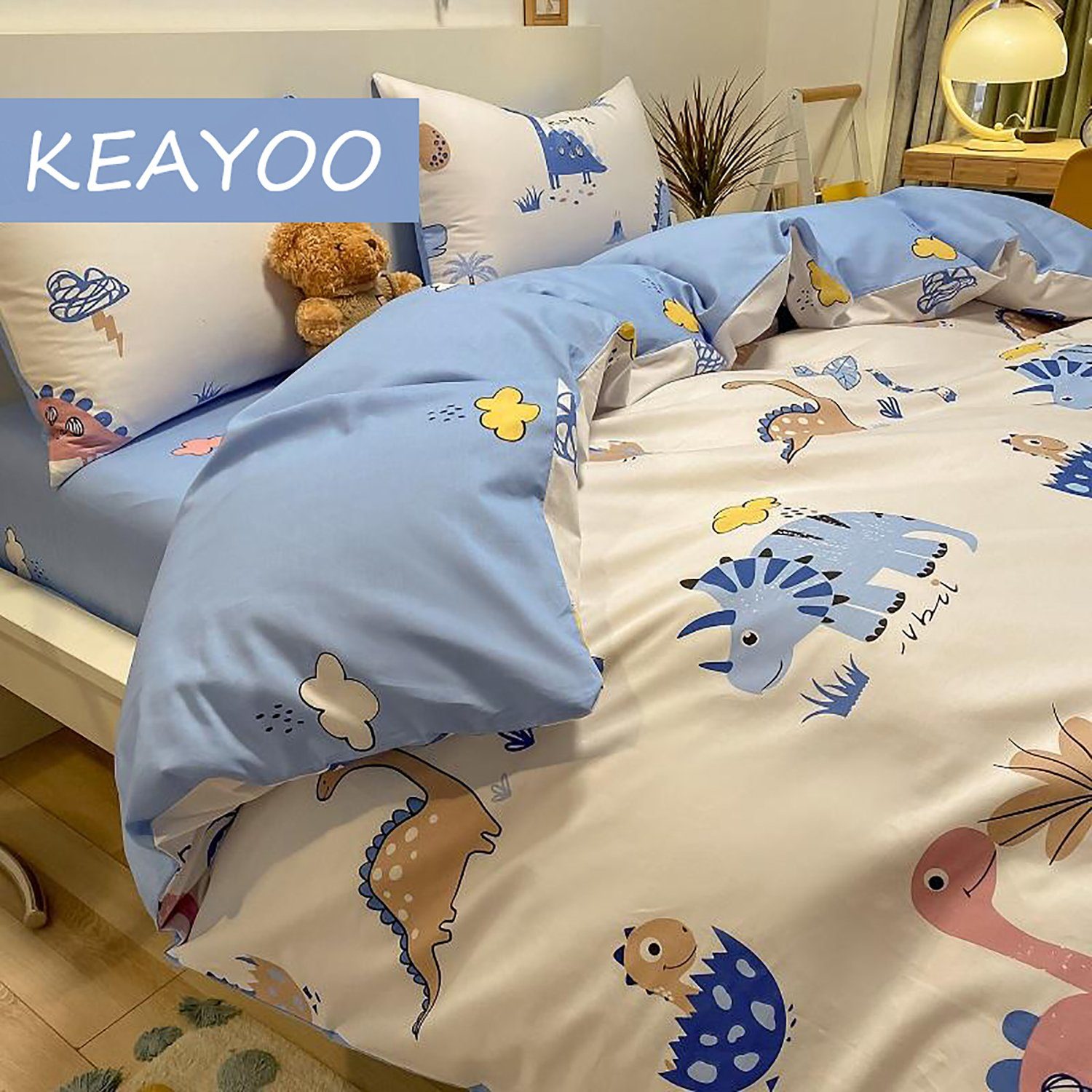 KEAYOO Kinderbettwäsche QWKL, Baumwolle, 2 teilig, 100% Baumwolle Kinderbettwäsche mit Dino