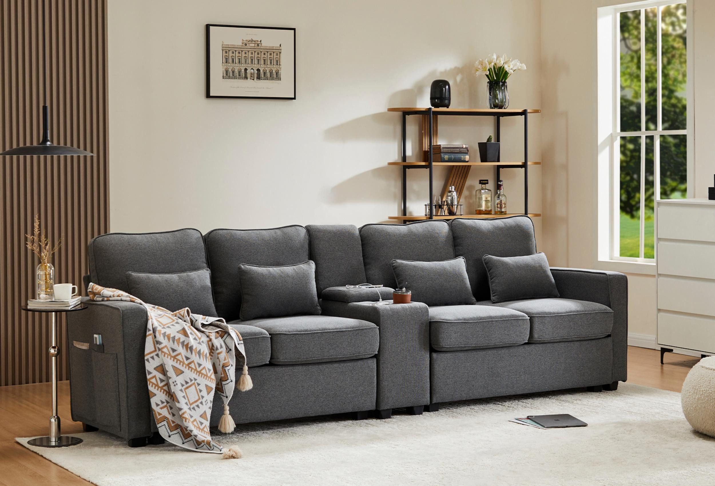 autolock 4-Sitzer XXL-Sofa mit Konsole Getränkehaltern USB-Anschlüssen Armlehnentaschen, Multifunktionssofa Polstermöbel aus Leinenstoff für Wohnzimmer