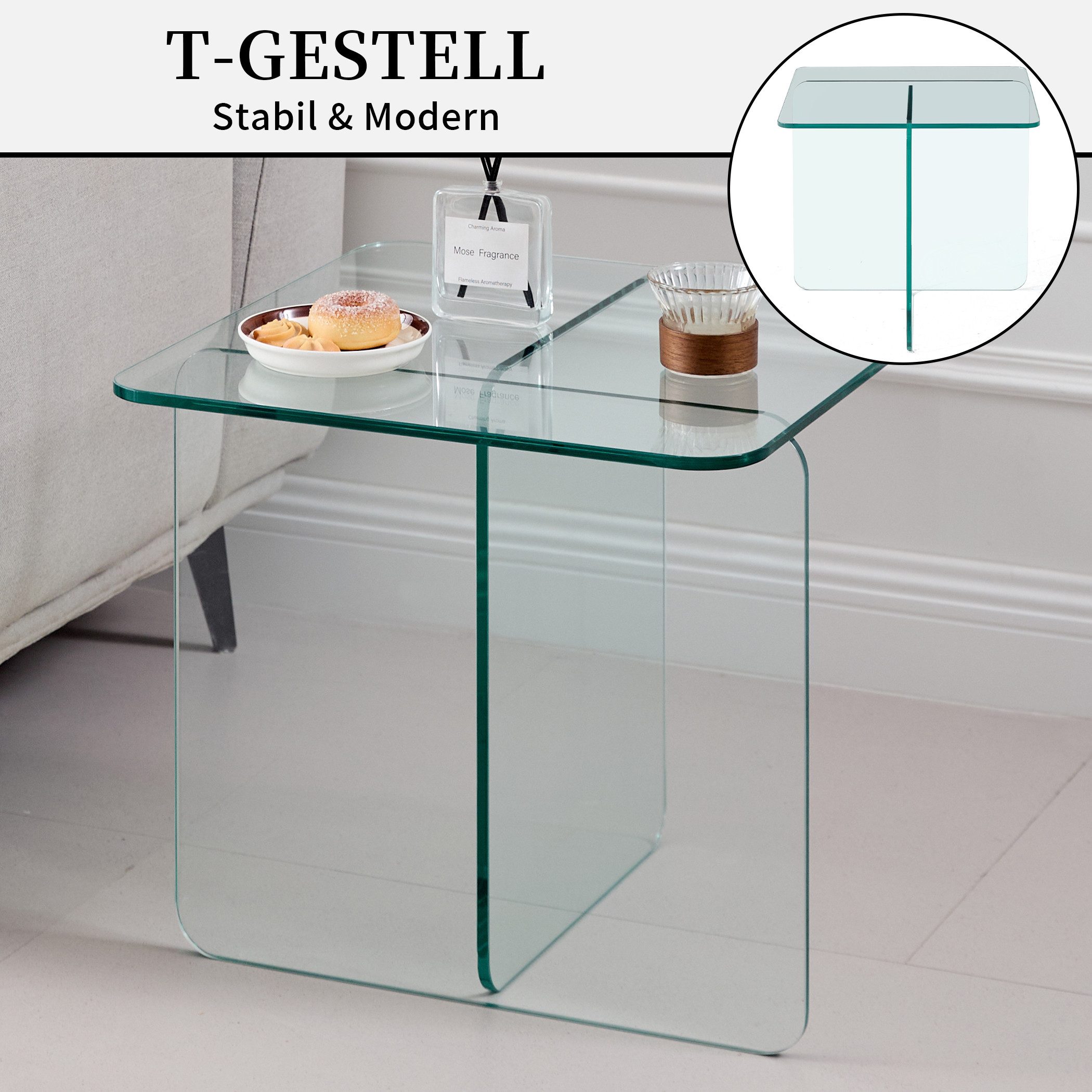 SeedWave Couchtisch Beistelltisch mit T-förmigem Gestell, 40cm Quadratischer Tischplatte, bis 23kg belastbar, Wohnzimmertisch aufrecht oder seitlich plazieren
