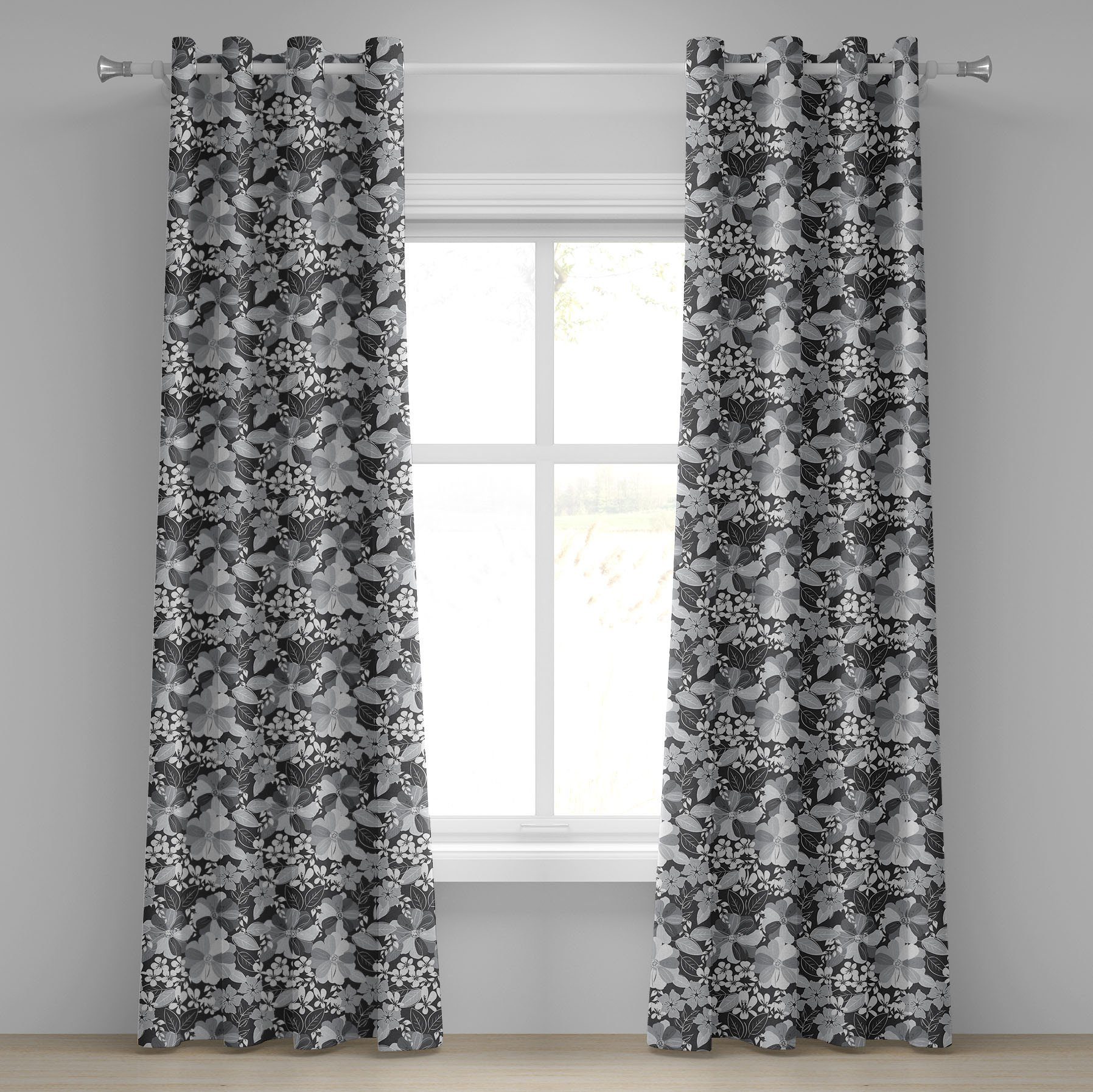 Gardine Dekorative 2-Panel-Fenstervorhänge für Schlafzimmer Wohnzimmer, Abakuhaus, Flora Graustufen- Bloom Motive