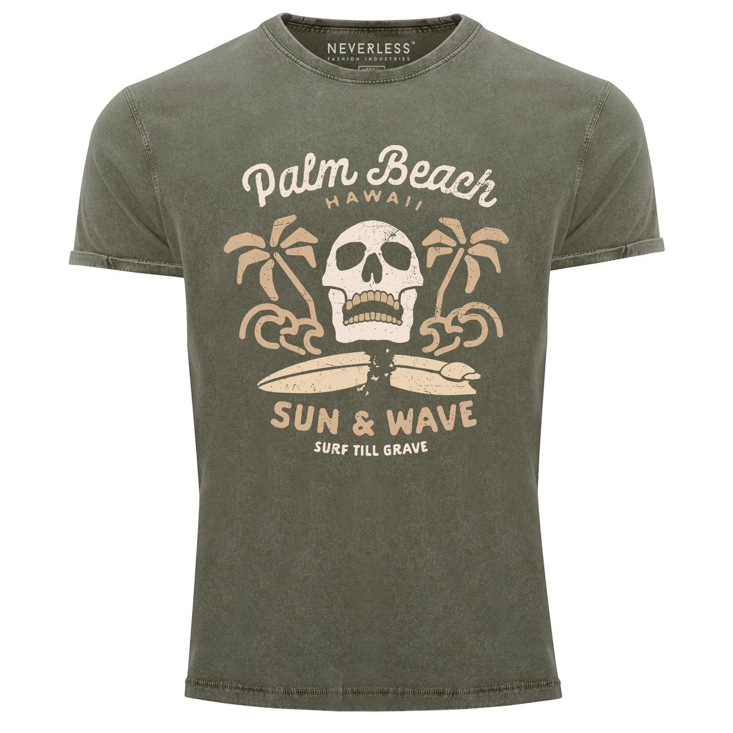 Neverless Print-Shirt Neverless® Herren T-Shirt Surf-Motiv Totenkopf Palm Beach Vintage Shirt mit Print oliv
