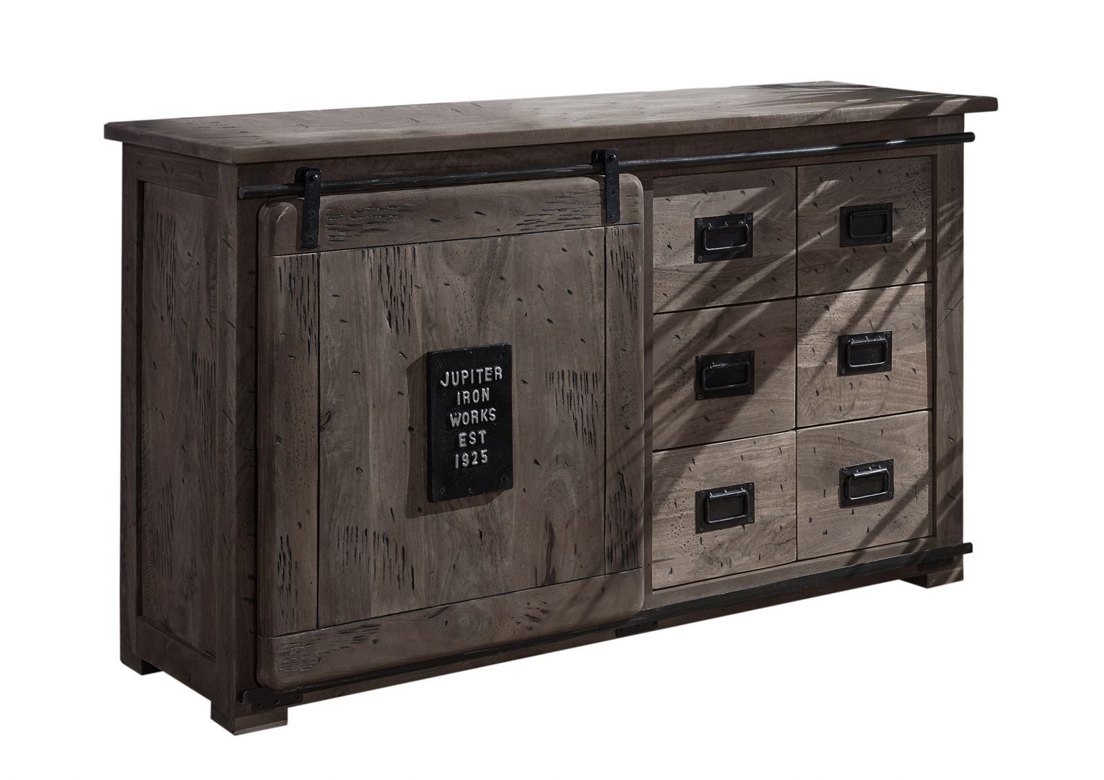 Massivmoebel24 Sideboard RAILWAY Mango Massivholz grau (Massivholz montiert 67 kg RAILWAY #221), Mango 140x45x85 cm (BxTxH) grau lackiert